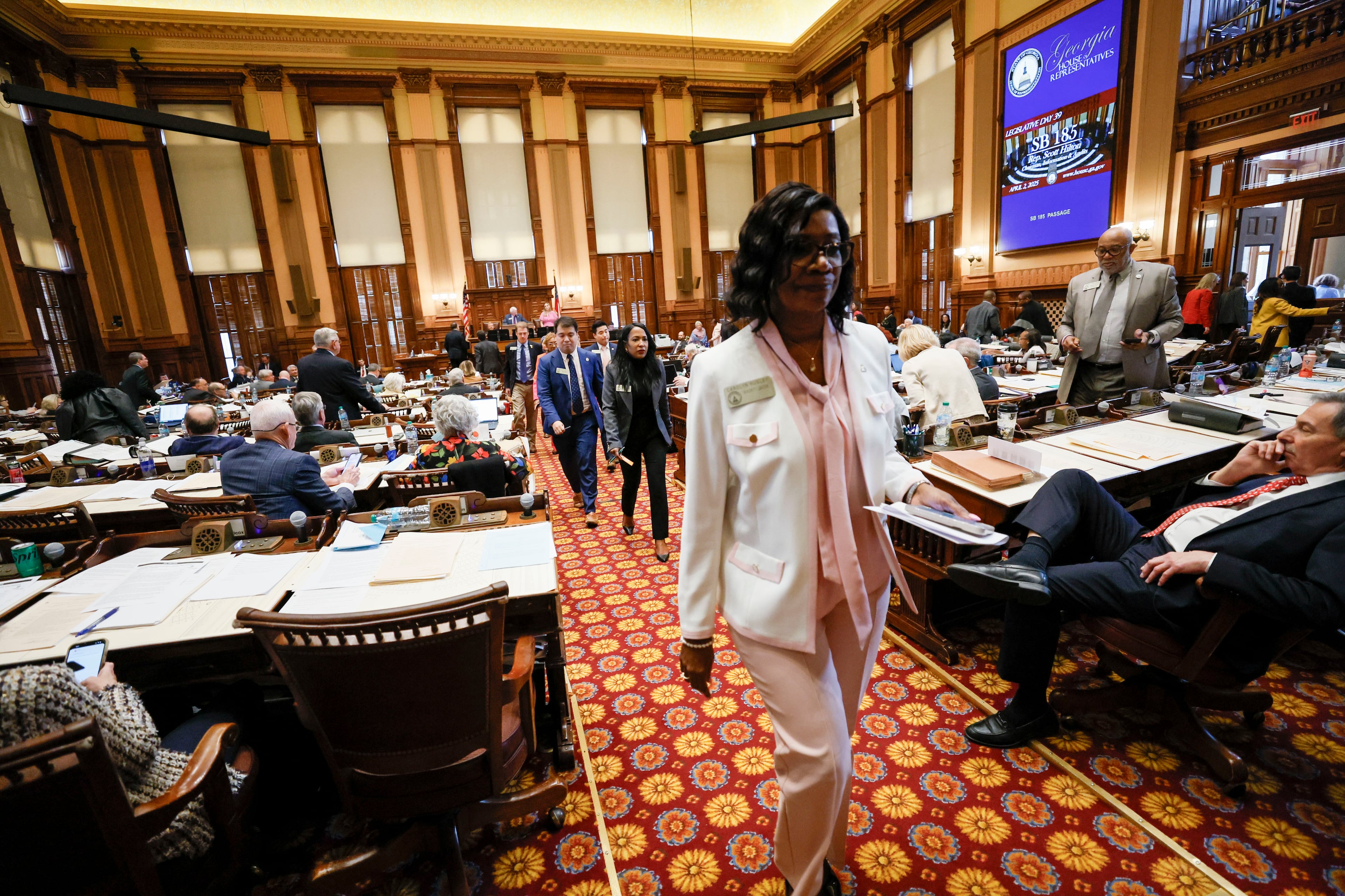 Members of the Democratic House Representatives, led by House Minority Leader Carolyn Hugley, D-Columbus, walked out of the House Chamber in protest of the SB 185 bill during Legislative Day 39 at the Georgia State Capitol on Wednesday, April 2, 2025. SB 185 prohibits using state funds or resources for specific treatments for state inmates.
(Miguel Martinez/ AJC)