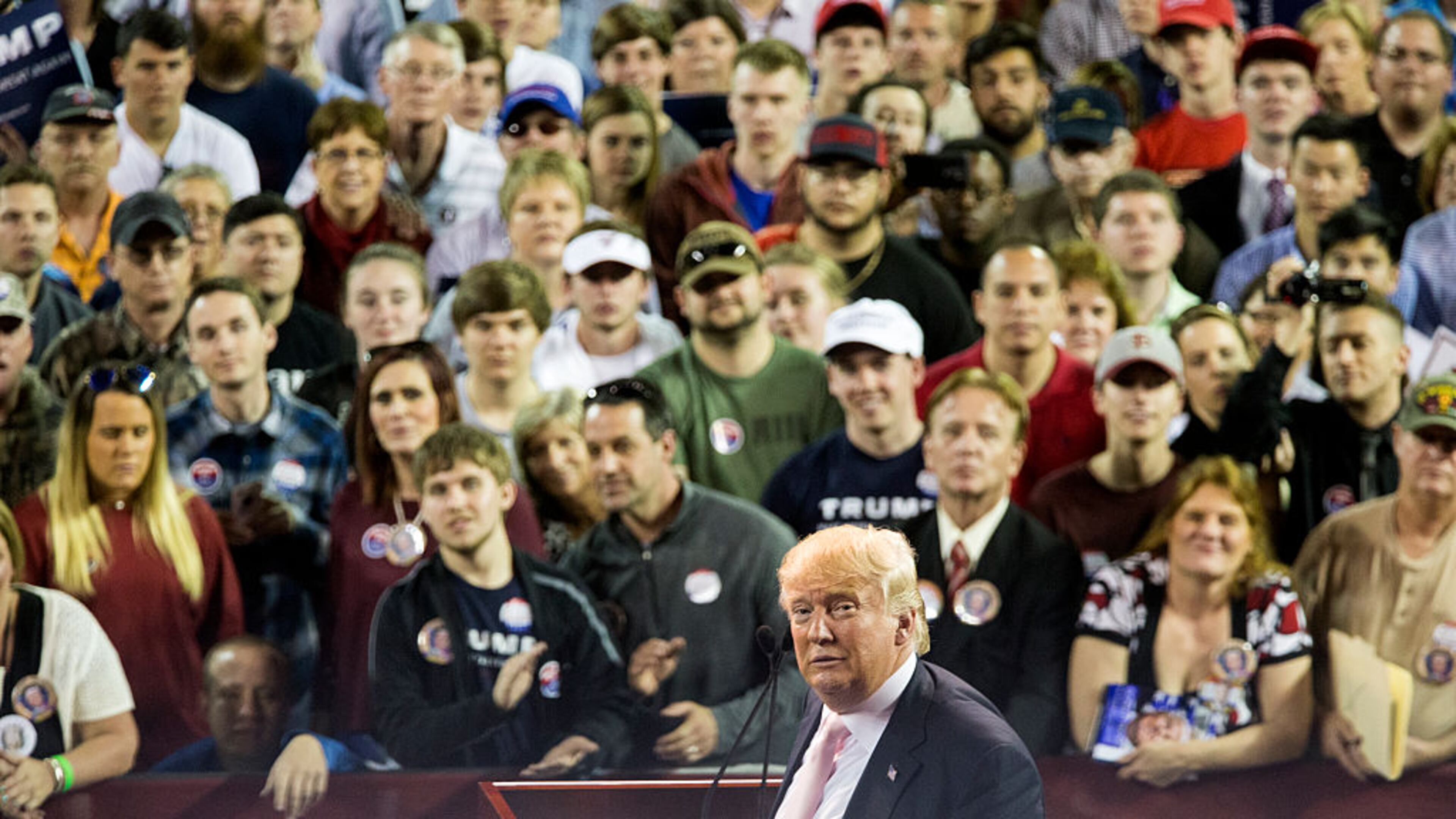 VALDOSTA, GA - FEBRUARY 29: Republican presidential candidate Donald Trump reacts to supporters during a rally at Valdosta State University February 29, 2016 in Valdosta, Georgia. On the eve of the Super Tuesday primaries, Trump is enjoying his best national polling numbers of the election cycle, increasing his lead over rivals Sens. Marco Rubio (R-FL) and Ted Cruz (R-TX). (Photo by Mark Wallheiser/Getty Images)