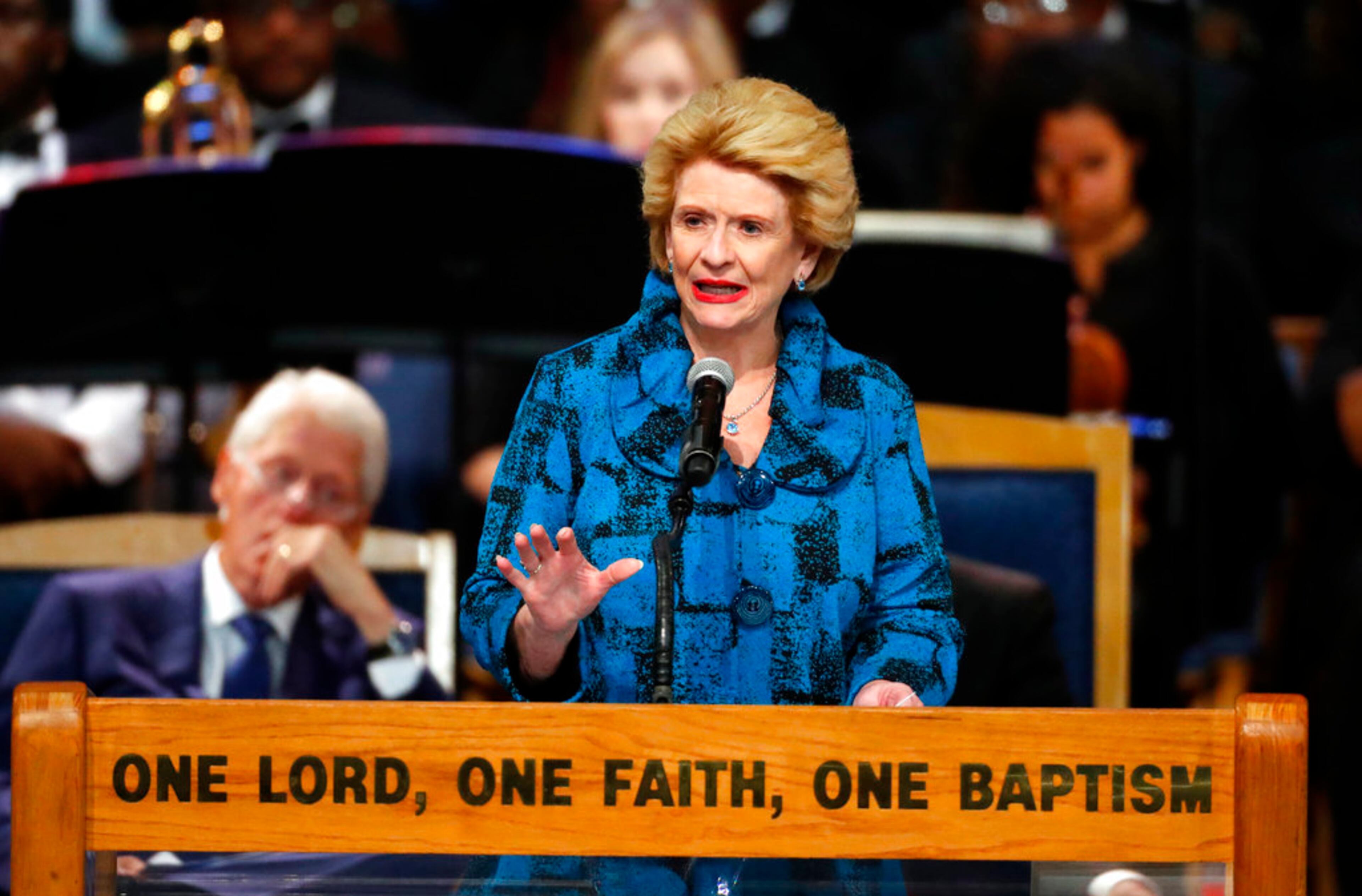 Sen. Debbie Stabenow, D-Mich., speaks during the funeral service for Aretha Franklin at Greater Grace Temple, Friday, Aug. 31, 2018, in Detroit. Franklin died Aug. 16, 2018 of pancreatic cancer at the age of 76. (AP Photo/Paul Sancya)