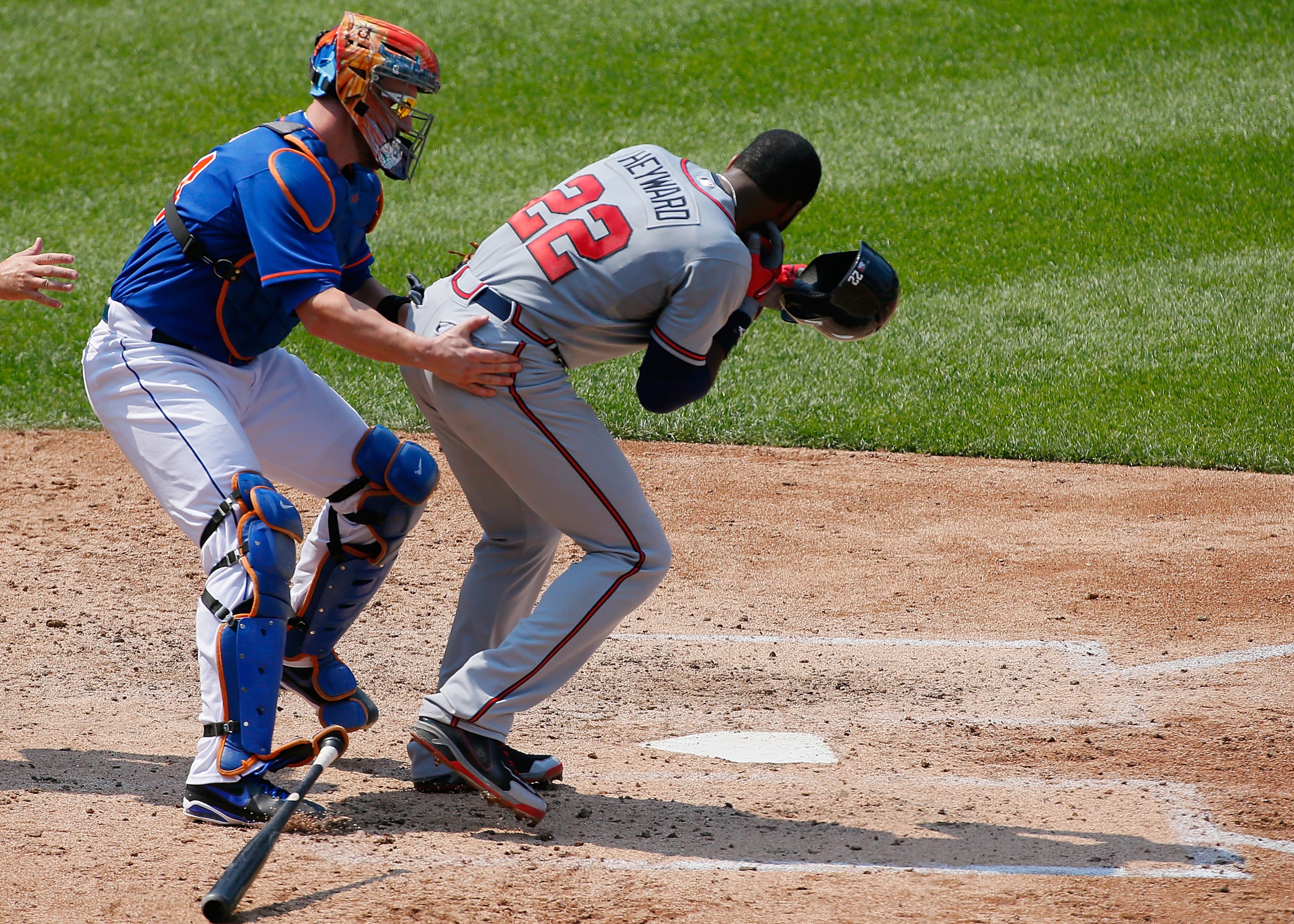 Mets pitcher Jon Niese hits Jason Heyward with a pitch in the face, breaking his jaw in August 2012.. Heyward had surgery and returned a month later.