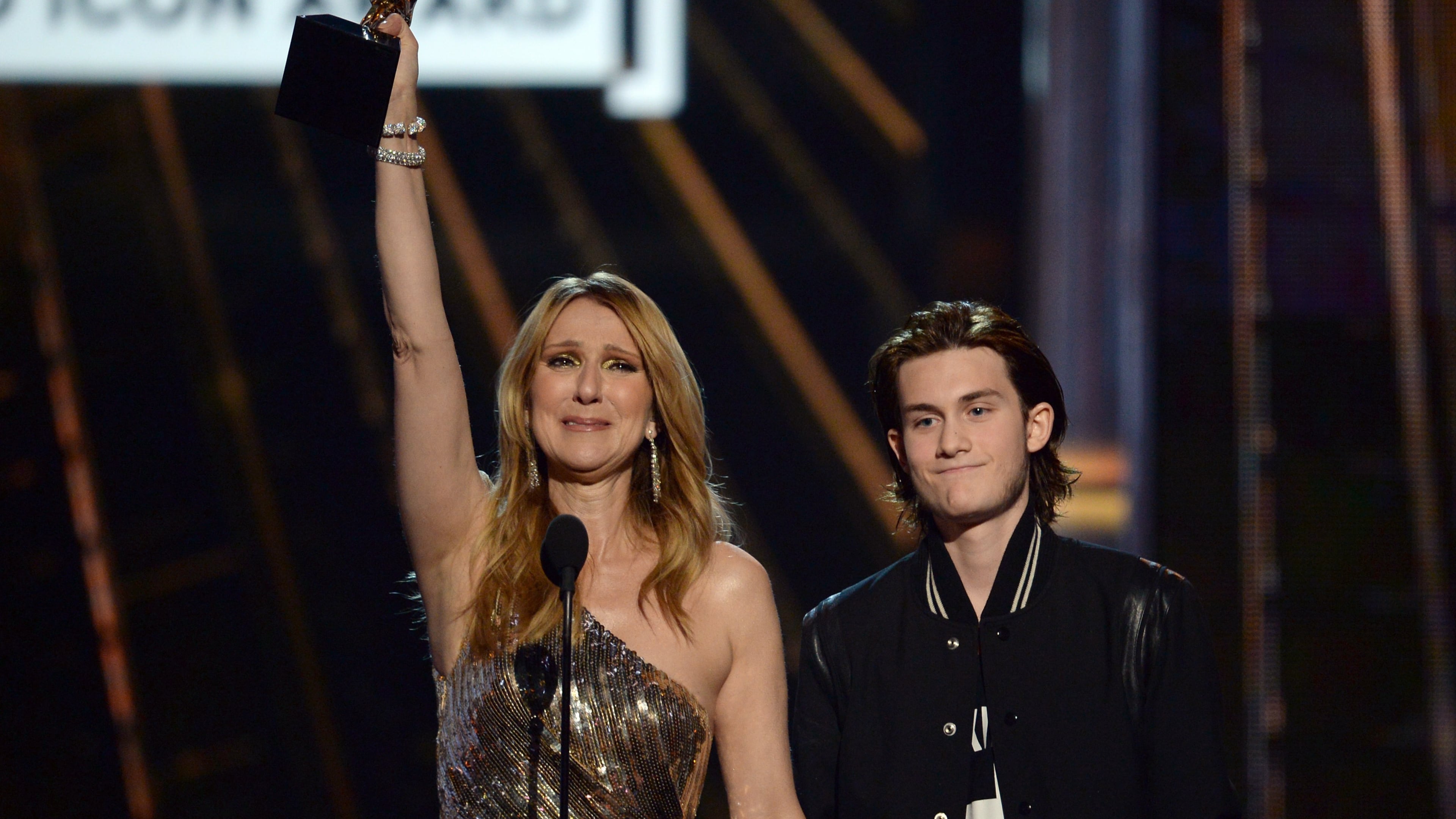 LAS VEGAS, NV - MAY 22: Honoree Celine Dion accepts the Billboard Icon-Award from son Rene Charles Angelil onstage during the 2016 Billboard Music Awards at T-Mobile Arena on May 22, 2016 in Las Vegas, Nevada. (Photo by Kevin Winter/Getty Images)