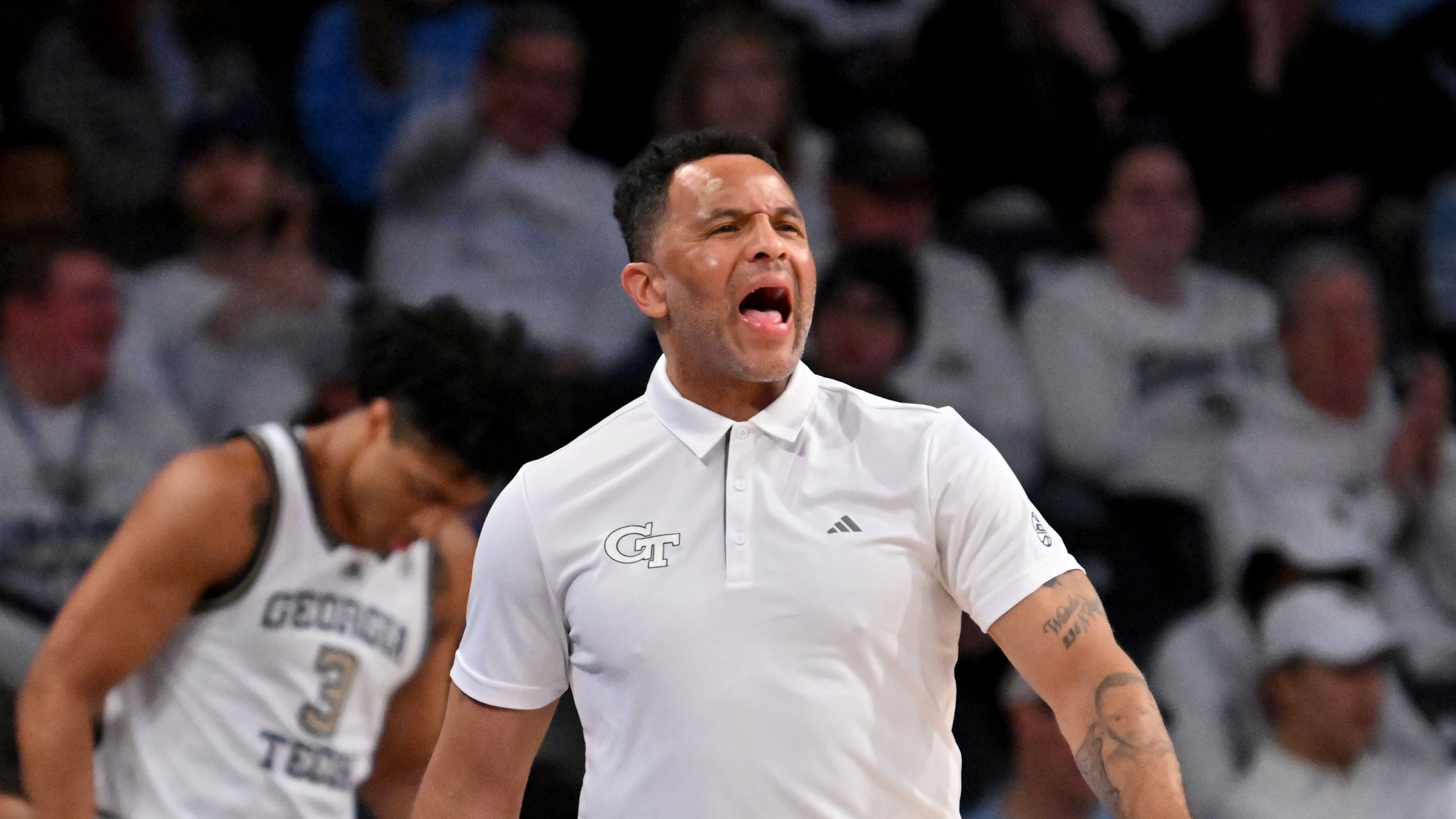 Georgia Tech head coach Damon Stoudamire shouts instructions during the first half of an NCAA college basketball game at Georgia Tech’s McCamish Pavilion, Tuesday, January 30, 2024, in Atlanta. (Hyosub Shin / Hyosub.Shin@ajc.com)