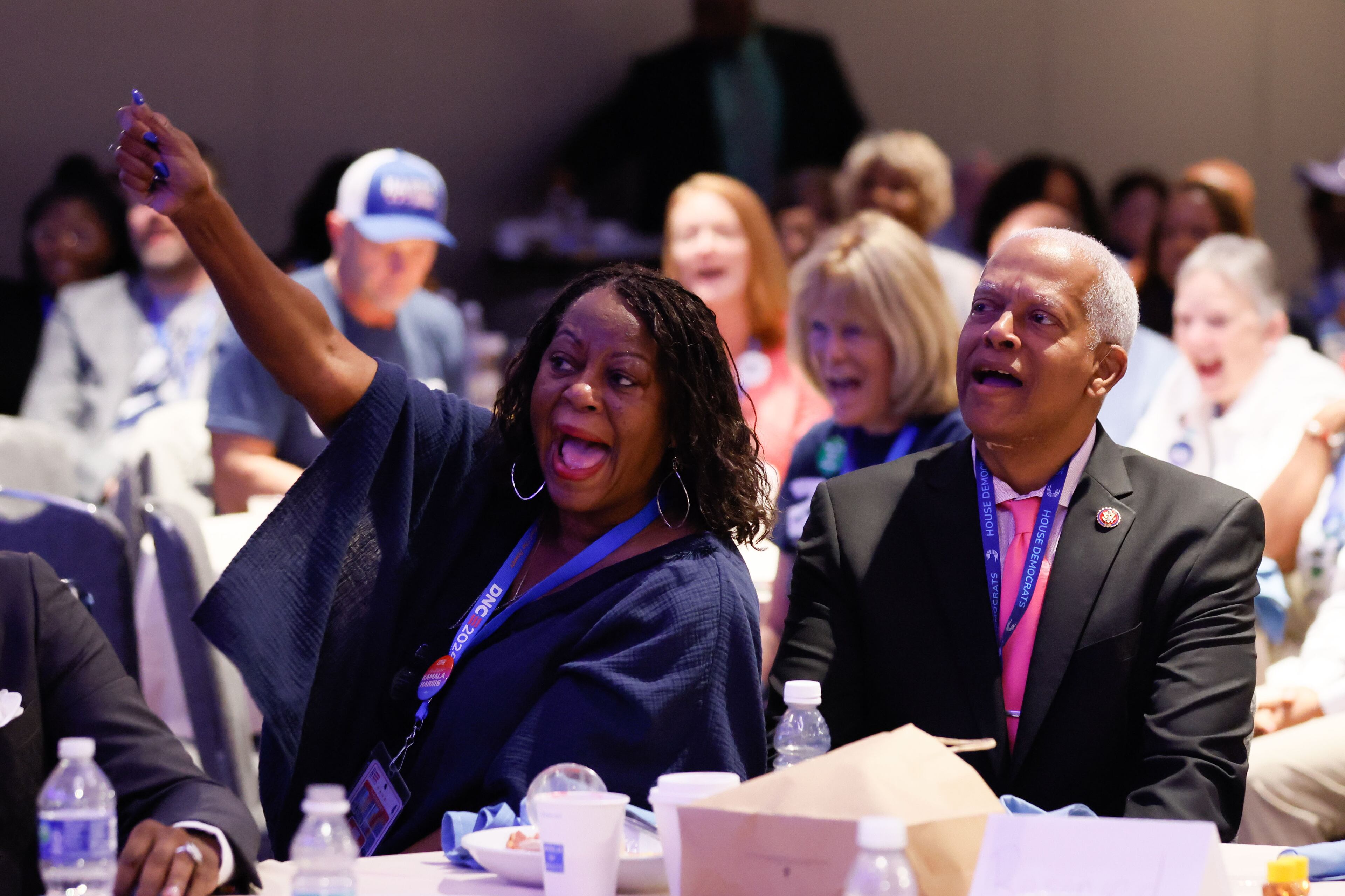 Dekalb County Commissioner Mereda Johnson and her Husband, U.S. Rep. Hank Johnson, D-Lithonia, react at the Georgia delegation breakfast at the Hyatt Regency during day four of the Democratic National Convention, Thursday, August 22, 2024, in Chicago, Illinois.
(Miguel Martinez / AJC)
