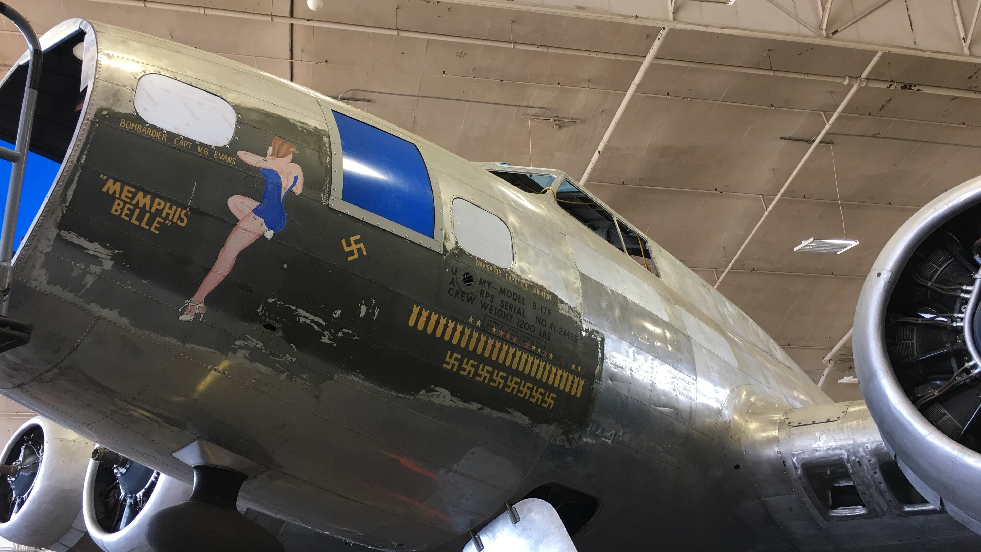 This May 23, 2017 photo shows the B-17 bomber known as the Memphis Belle in the restoration hangar at the National Museum of the U.S. Air Force near Dayton, Ohio. The restored plane will go on public display at the museum spring 2018. (AP Photo/Mitch Stacy)