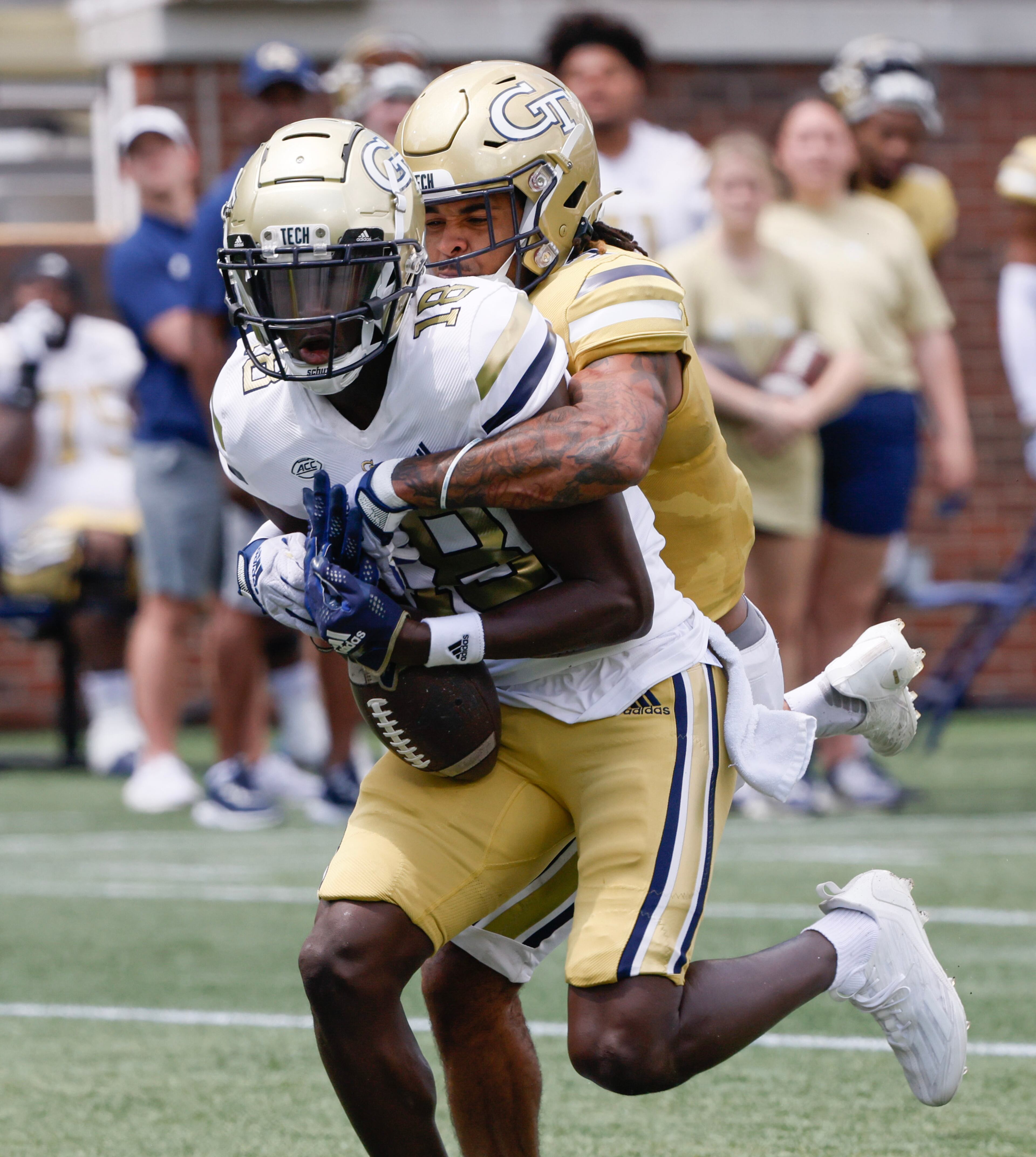 Defensive back Kenyatta Watson II breaks up a pass intended for wide receiver Abdul Janneh during Georgia Tech's spring football game in Atlanta on Saturday, April 15, 2023. (Bob Andres for the Atlanta Journal Constitution)
