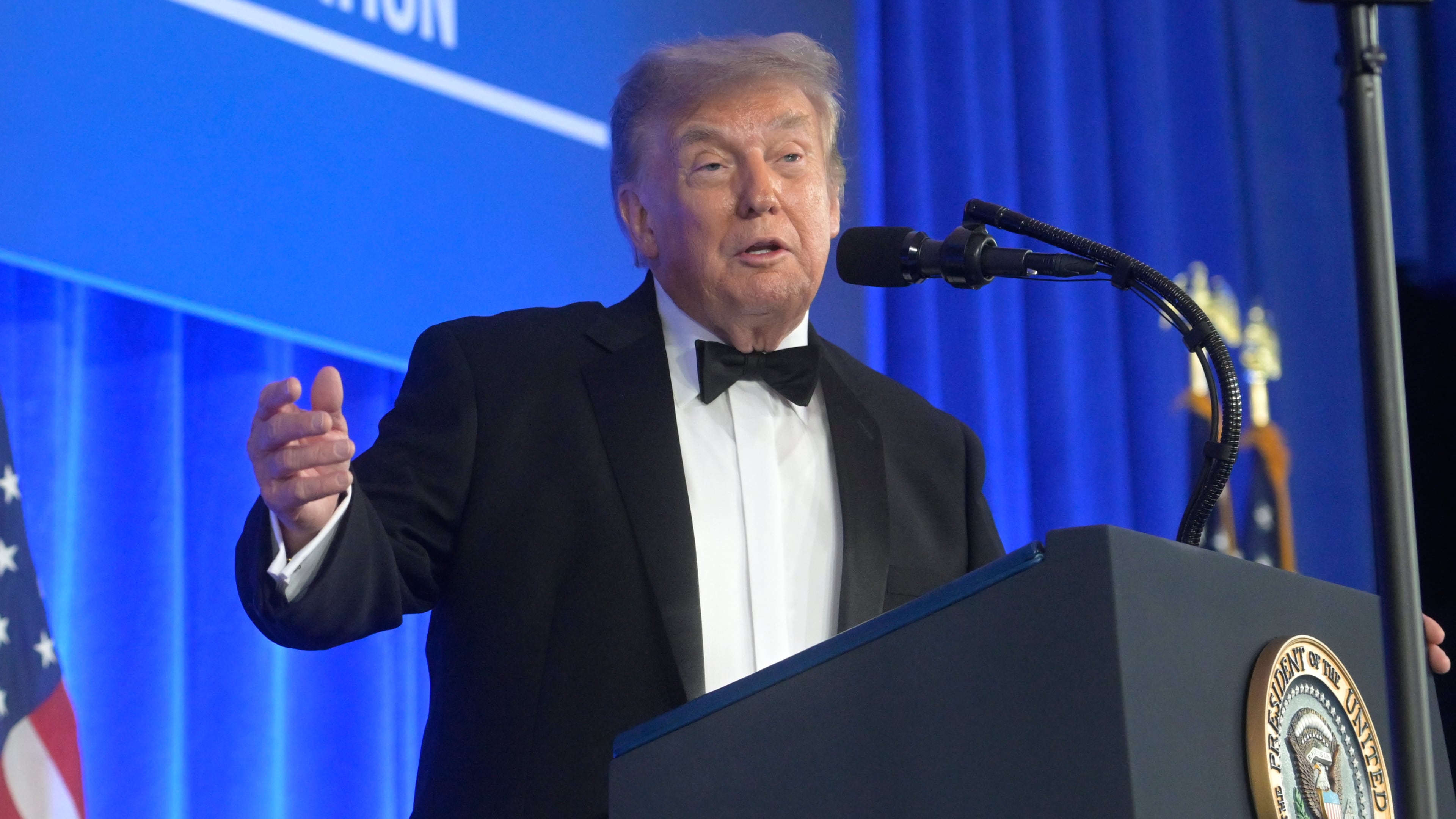 President Donald Trump speaks at the White House Correspondents' Association dinner at the Waldorf Astoria Washington DC, Friday, July 24, 2026, in Washington. (AP Photo/Rod Lamkey, Jr.)