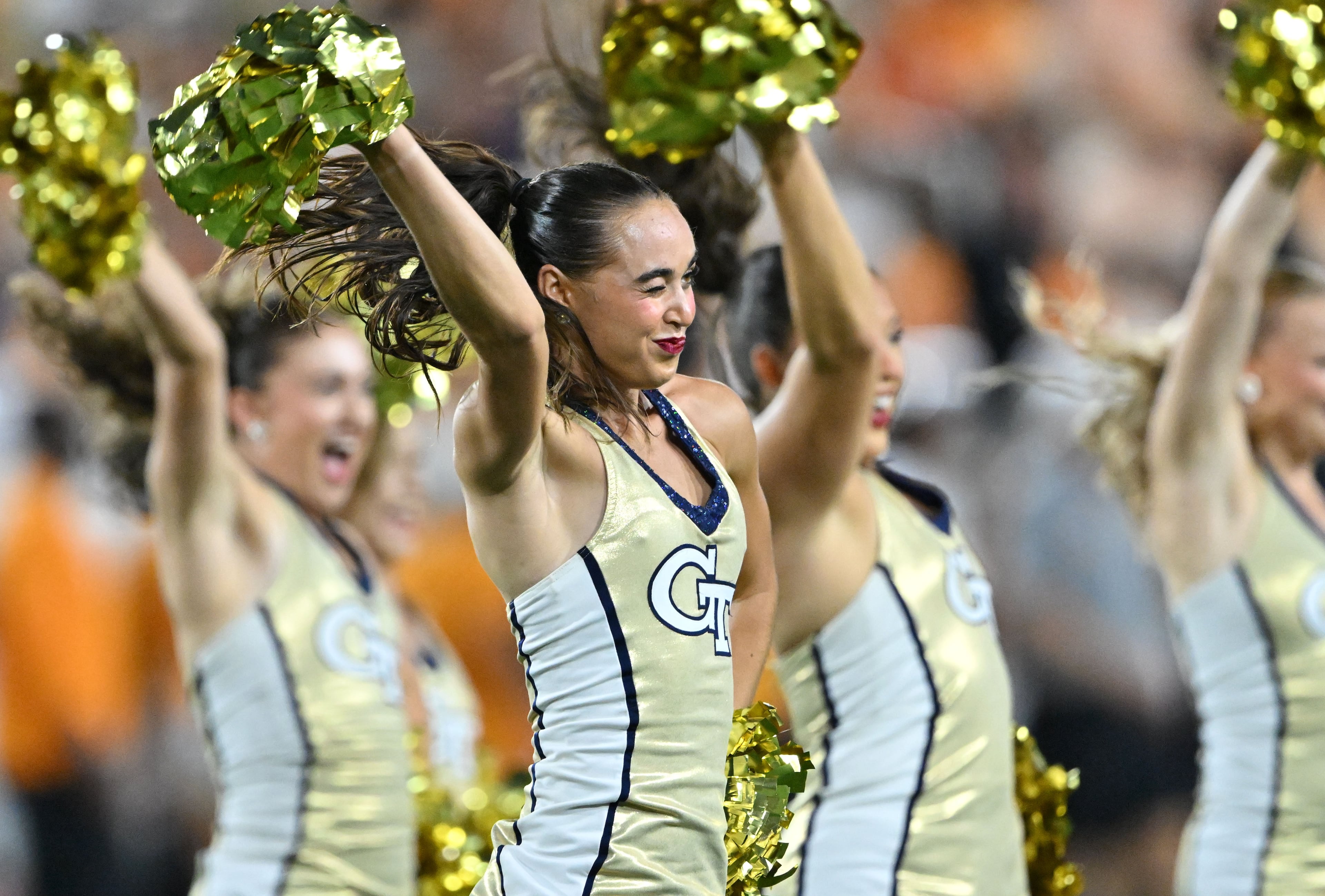Members of the Georgia Tech cheerleading team perform during the first half of an NCAA college football game against Tennessee at Bobby Dodd Stadium on Saturday, Sept. 12, 2026, in Atlanta. (Hyosub Shin/AJC)