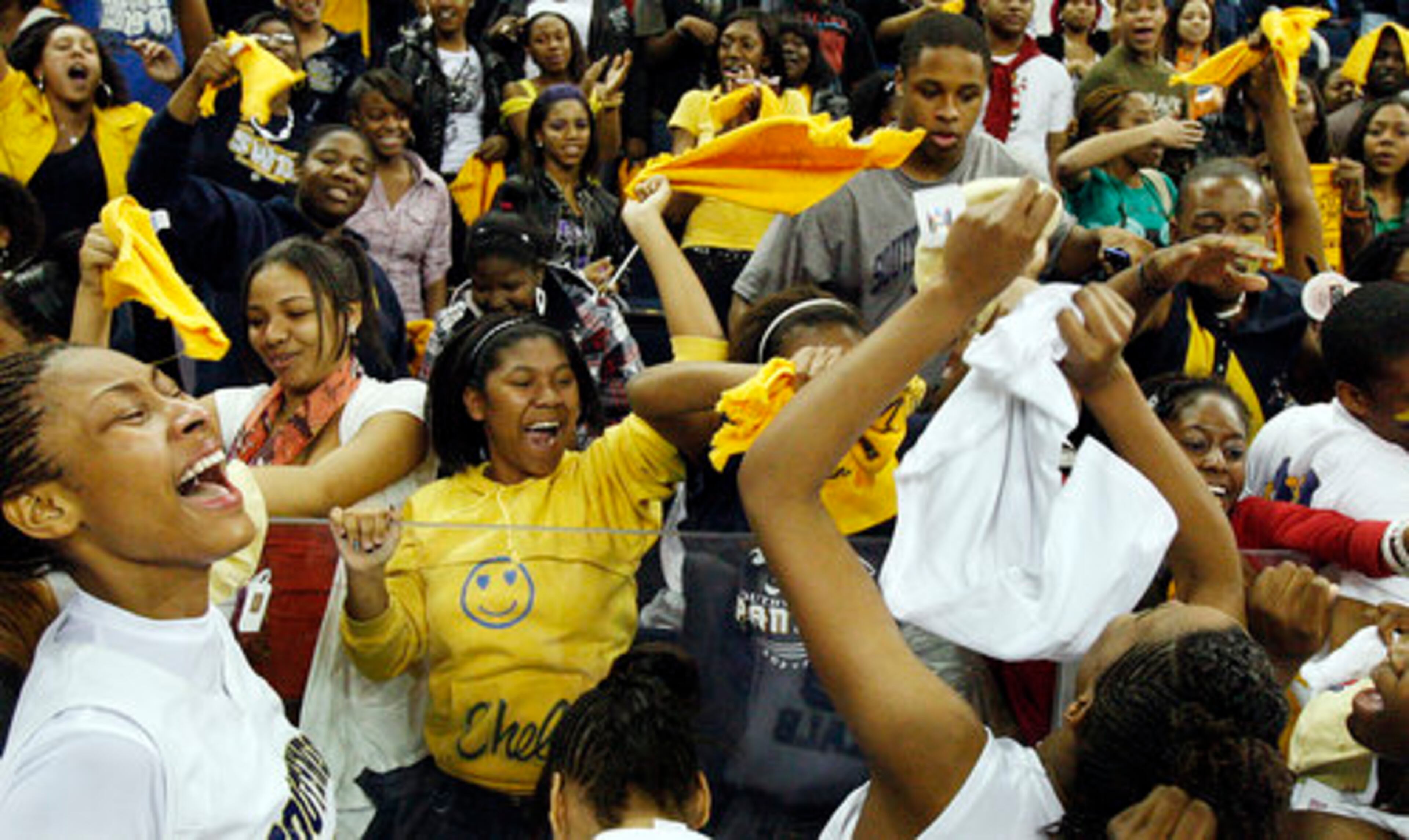 The fans and the Southwest DeKalb Panthers celebrate their 3rd straight state championship with a 65-45 victory over the Northwest Whitfield Bruins for the Class AAAA Girls GHSA State Basketball Championship in Duluth on Friday, March 12, 2010.