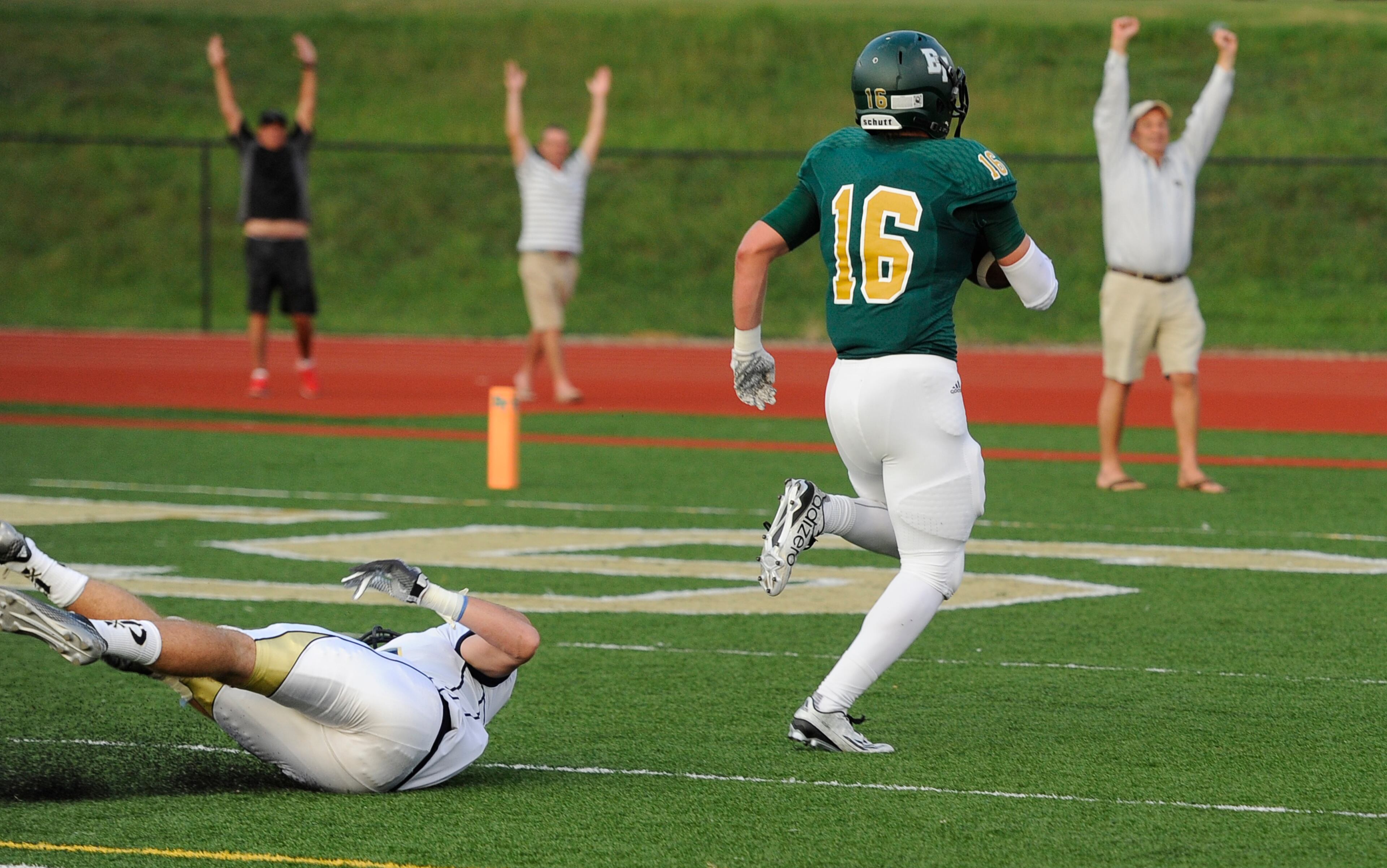 Blessed Trinity tight end JD Bertrand (16) races to the end zone for a touchdown against St. Pius during the first half of a high school football game, Friday, Aug. 28, 2015, in Roswell (Special/John Amis)