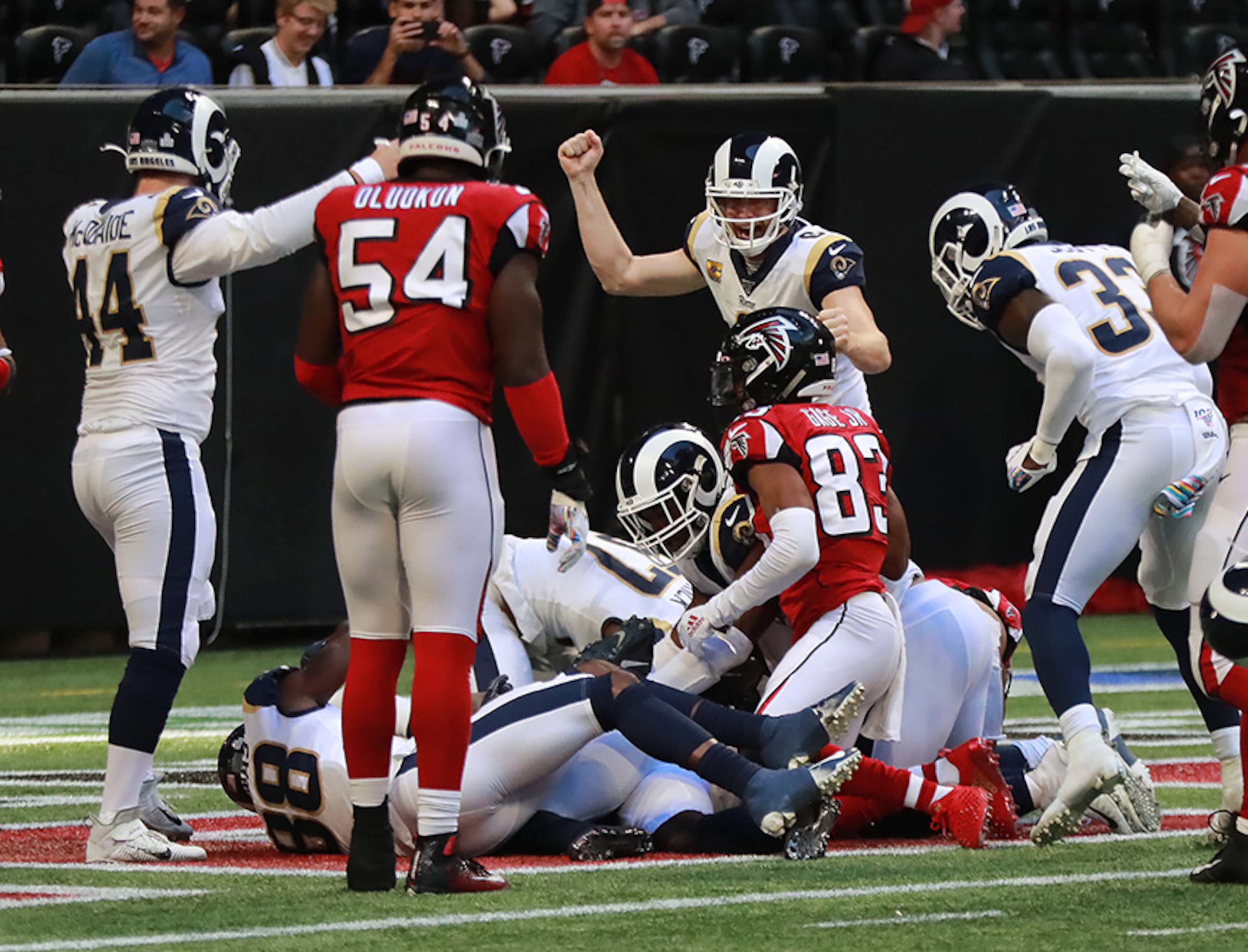 The Los Angeles Rams recover a Falcons fumble of a punt return in the end zone for a touchdown with 11 seconds left in the 37-10 victory Sunday, Oct. 20, 2019, at Mercedes-Benz Stadium in Atlanta.