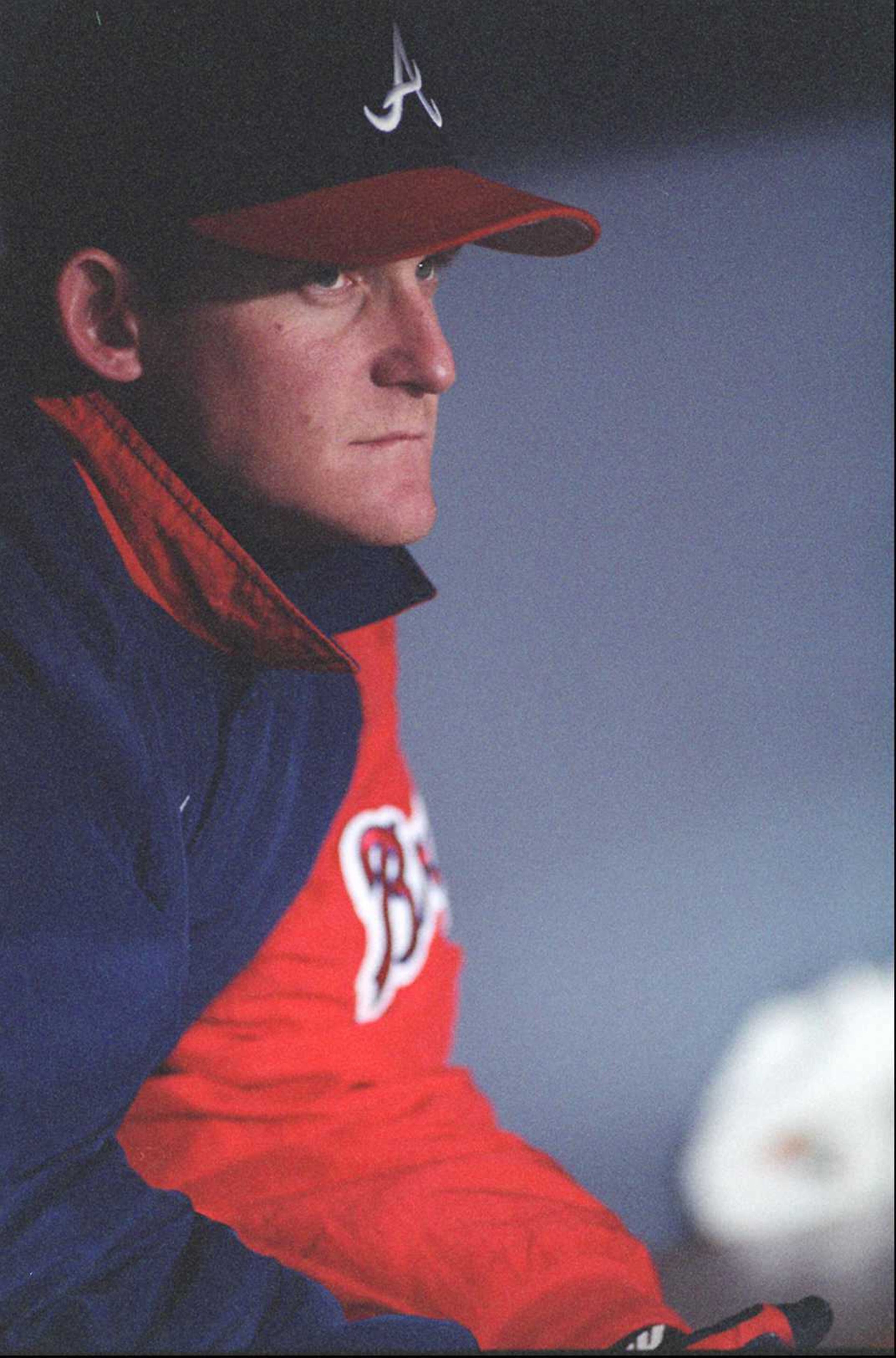 OCTOBER 21, 1995 ATLANTA Braves' Jeff Blauser sits in the dugout during game one of the World Series. (AJC photo/David Tulis) 10/95