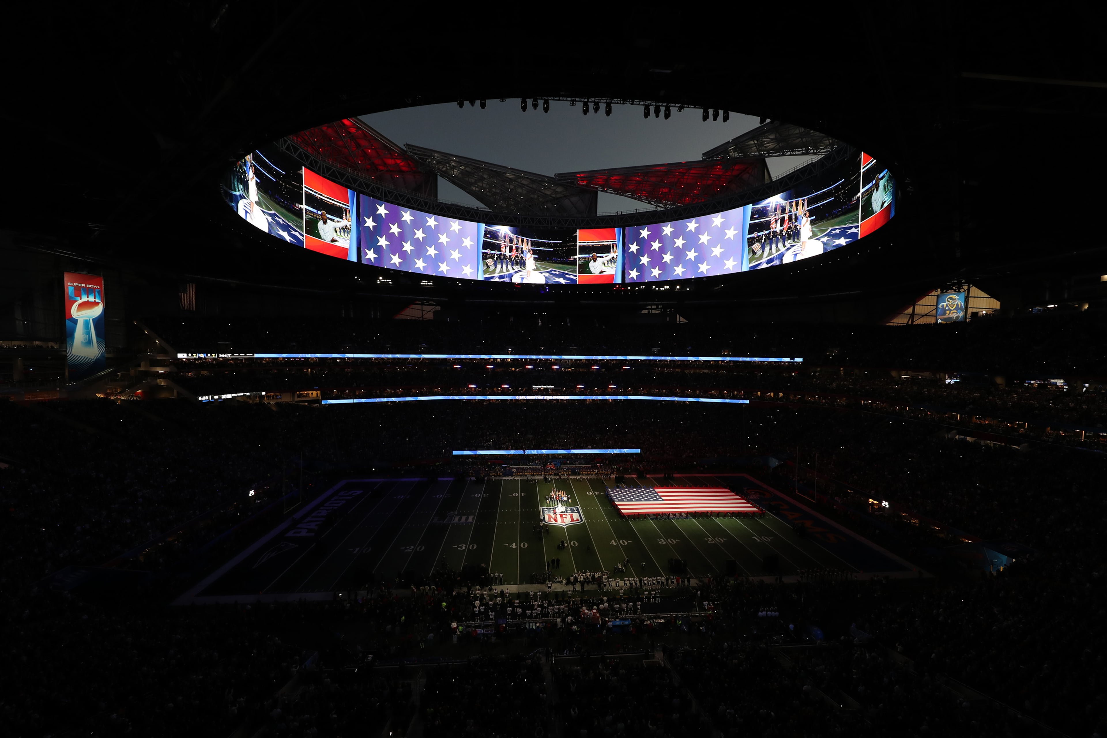 2/3/19 - Atlanta - A look at the field before the New England Patriots play the Los Angeles Rams in Super Bowl LIII on Sunday, February 3, 2019 at Mercedes-Benz Stadium in Atlanta, Ga. 
 (ALYSSA POINTER/ALYSSA.POINTER@AJC.COM)