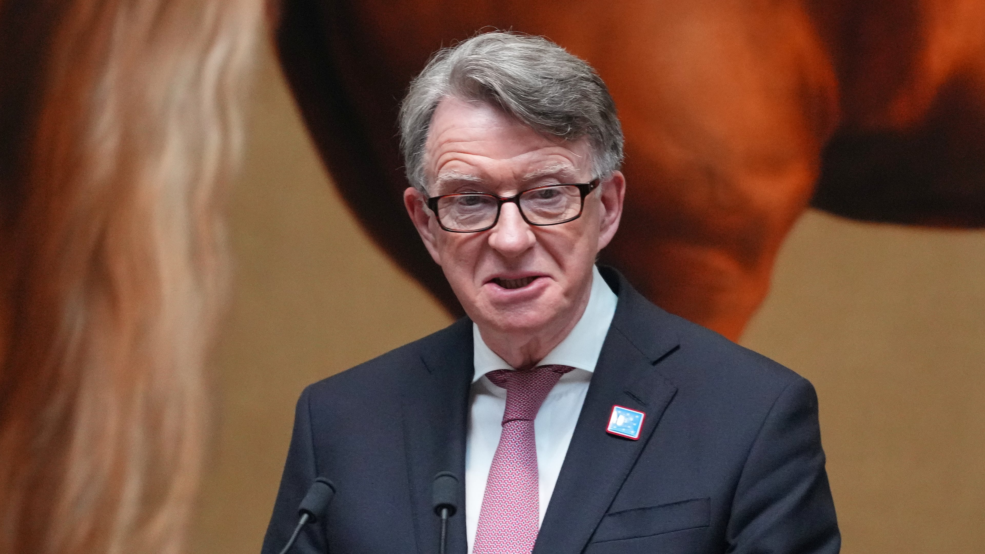 British Ambassador to the United States, Peter Mandelson speaks during the rededication ceremony of the George Washington Statue in the National Gallery in London, Wednesday, June 18, 2025. (AP Photo/Kirsty Wigglesworth)