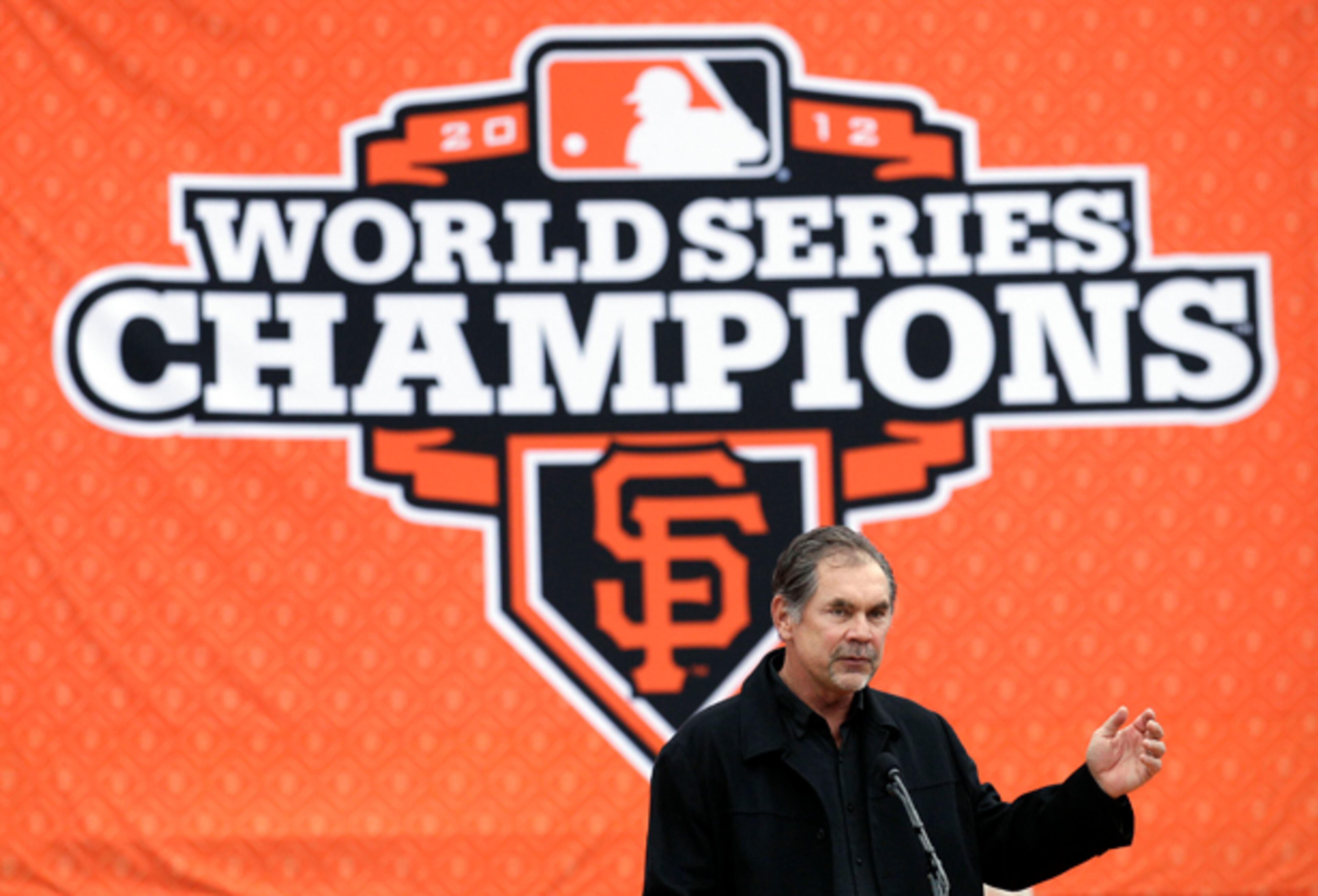San Francisco Giants manager Bruce Bochy speaks during a ceremony celebrating the baseball team's World Series victory at City Hall in San Francisco, Wednesday, Oct. 31, 2012. (AP Photo/Jeff�Chiu)