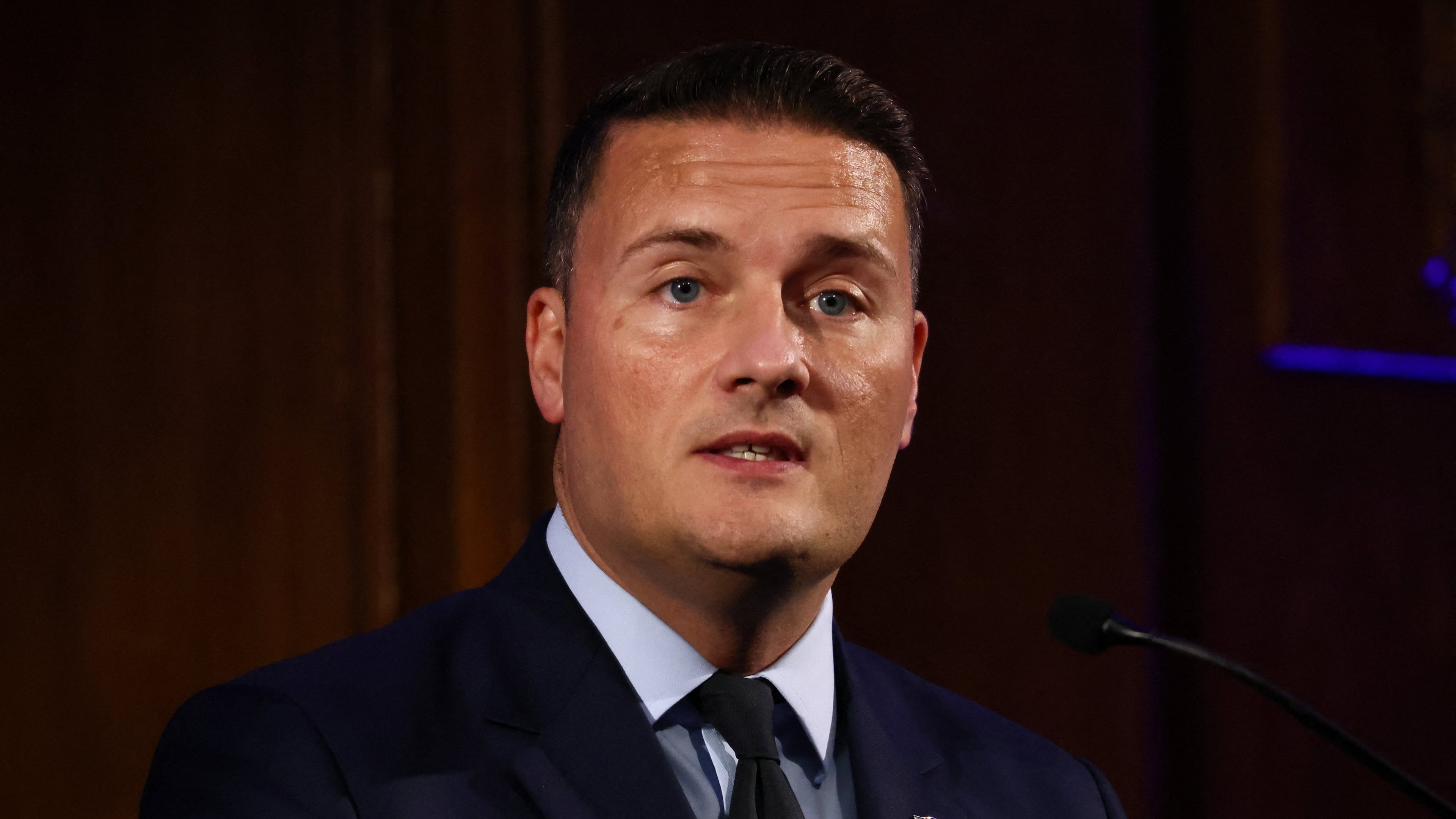 Defence Secretary Wes Streeting delivers the closing ministerial keynote at the U.K. Space Power Conference 2026 in London on Wednesday, Sept. 23, 2026. (Jack Taylor/Pool Photo via AP)