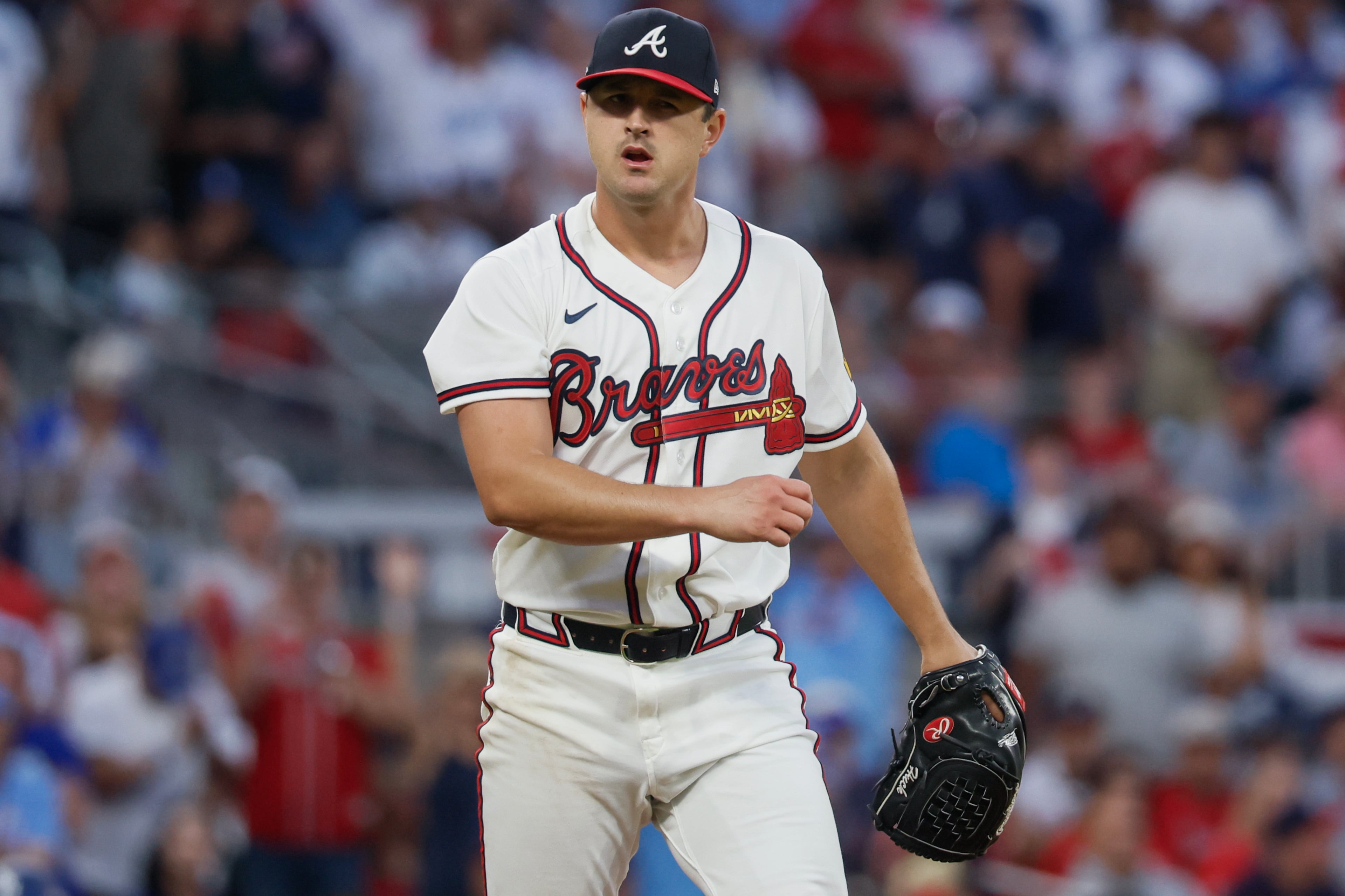Atlanta Braves pitcher Tyler Mahle (54) reacts after striking out three Los Angeles Dodgers batter during the fourth inning of Game 4 of the MLB National League Division Series between the Atlanta Braves and the Los Angeles Dodgers, Wednesday, Oct. 7, 2026, in Atlanta. (Miguel Martinez/AJC)