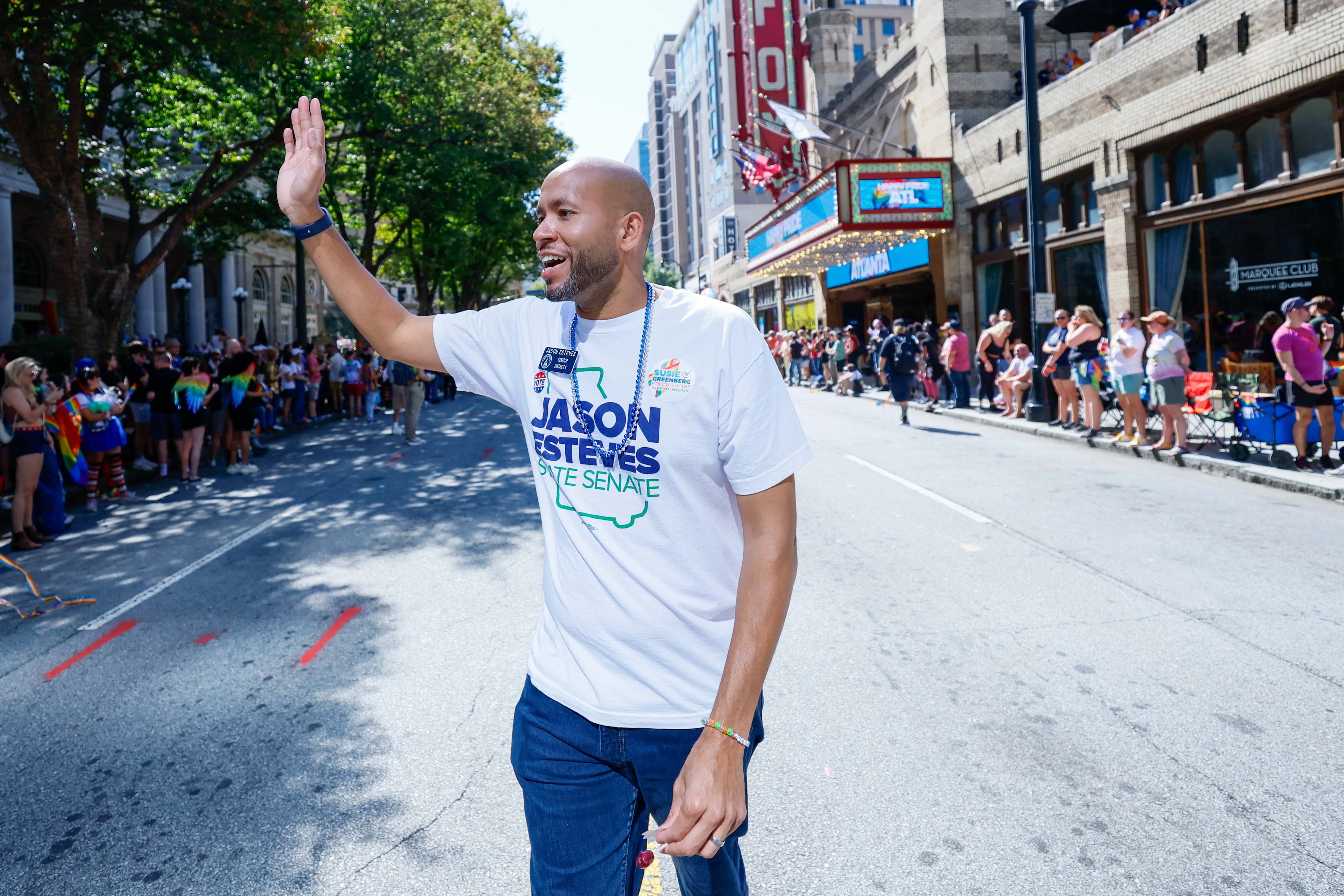 State Senator Jason Esteves waves to the crowd during the annual Pride Parade in Atlanta on Sunday, Oct. 13, 2024.
(Miguel Martinez / AJC)
