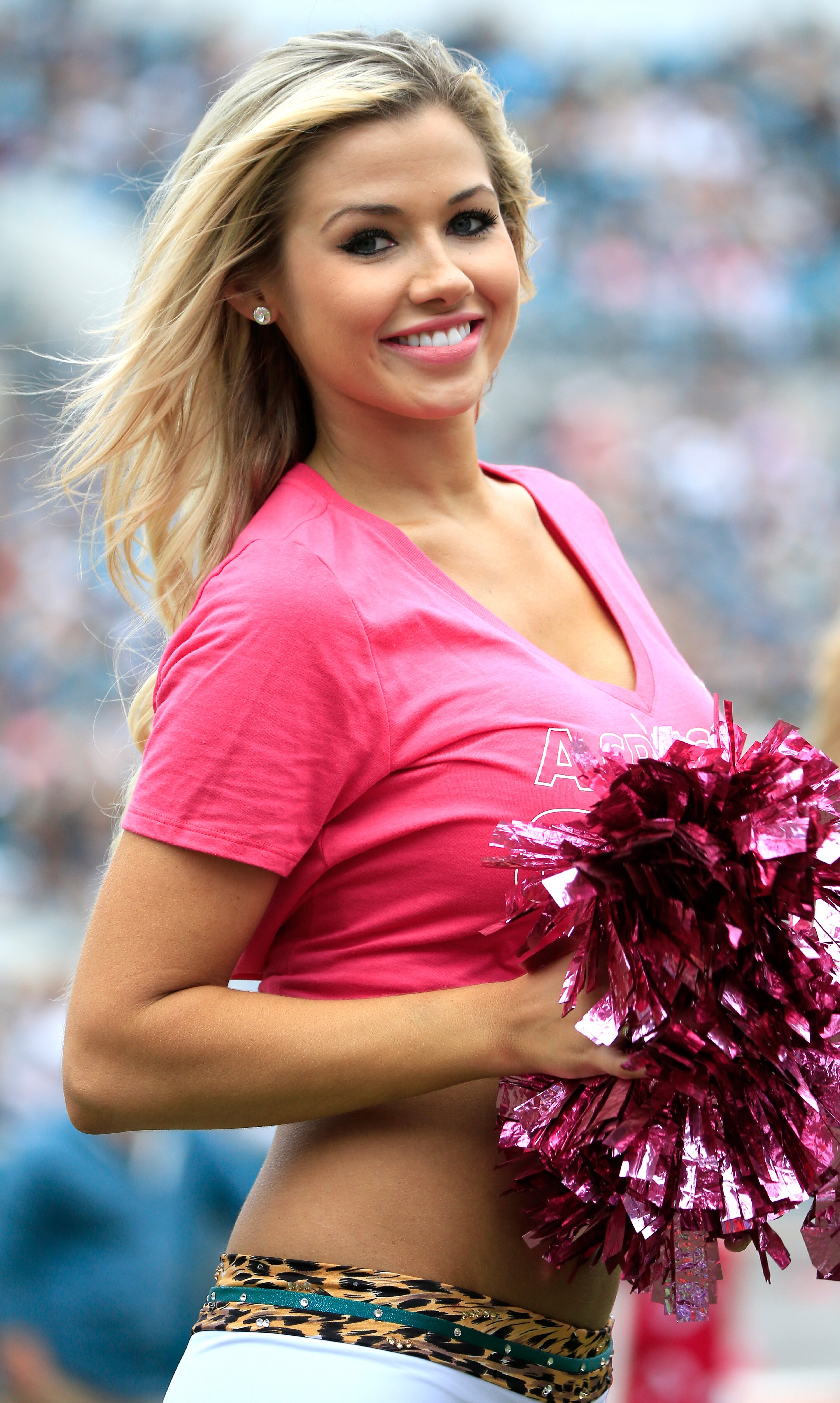 JACKSONVILLE, FL - OCTOBER 18: A Jacksonville Jaguars cheerleader performs during the game against the Houston Texans at EverBank Field on October 18, 2015 in Jacksonville, Florida. (Photo by Sam Greenwood/Getty Images)