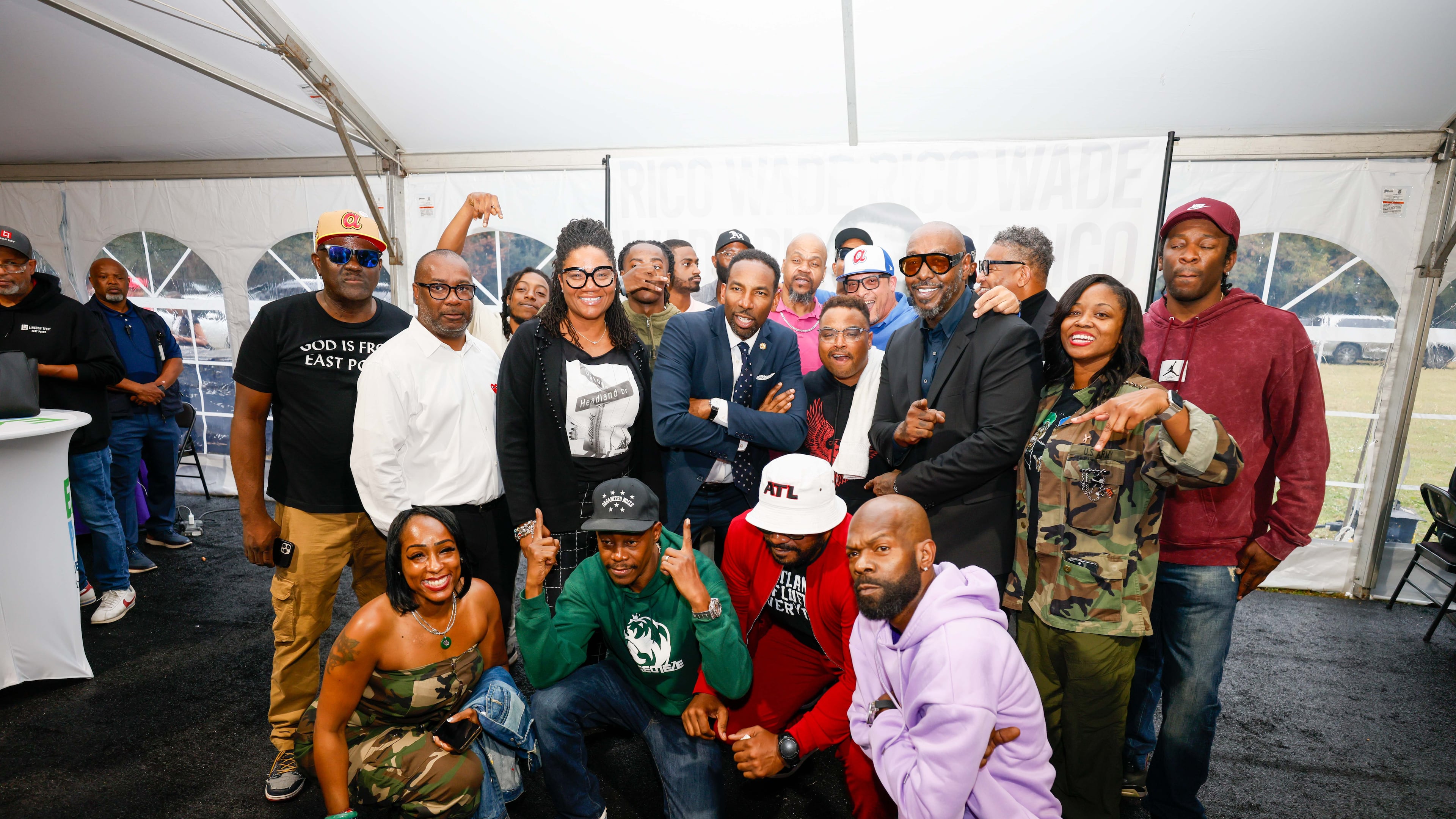 Atlanta Mayor Andre Dickens poses with members of the Dungeon Family, including Sleepy Brown and Ray Murray, along with DJ Greg Street and others during celebrations of Rico Wade’s life and legacy in East Point, on Thursday, Nov. 7, 2024.
(Miguel Martinez / AJC)