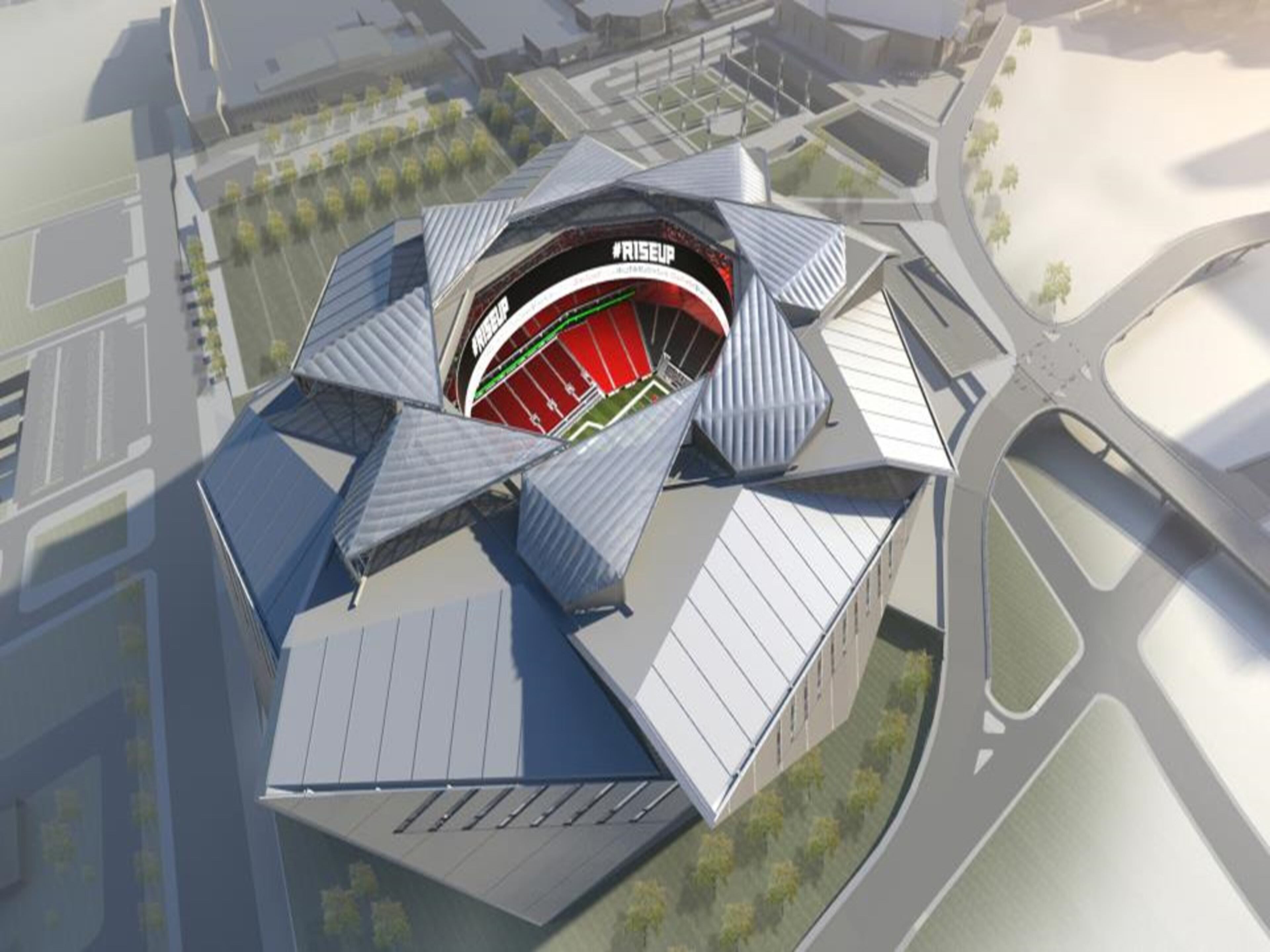 The stadium's roof will open in the center in the shape of a nest. This updated rendering shows more of the parking area around the facility.