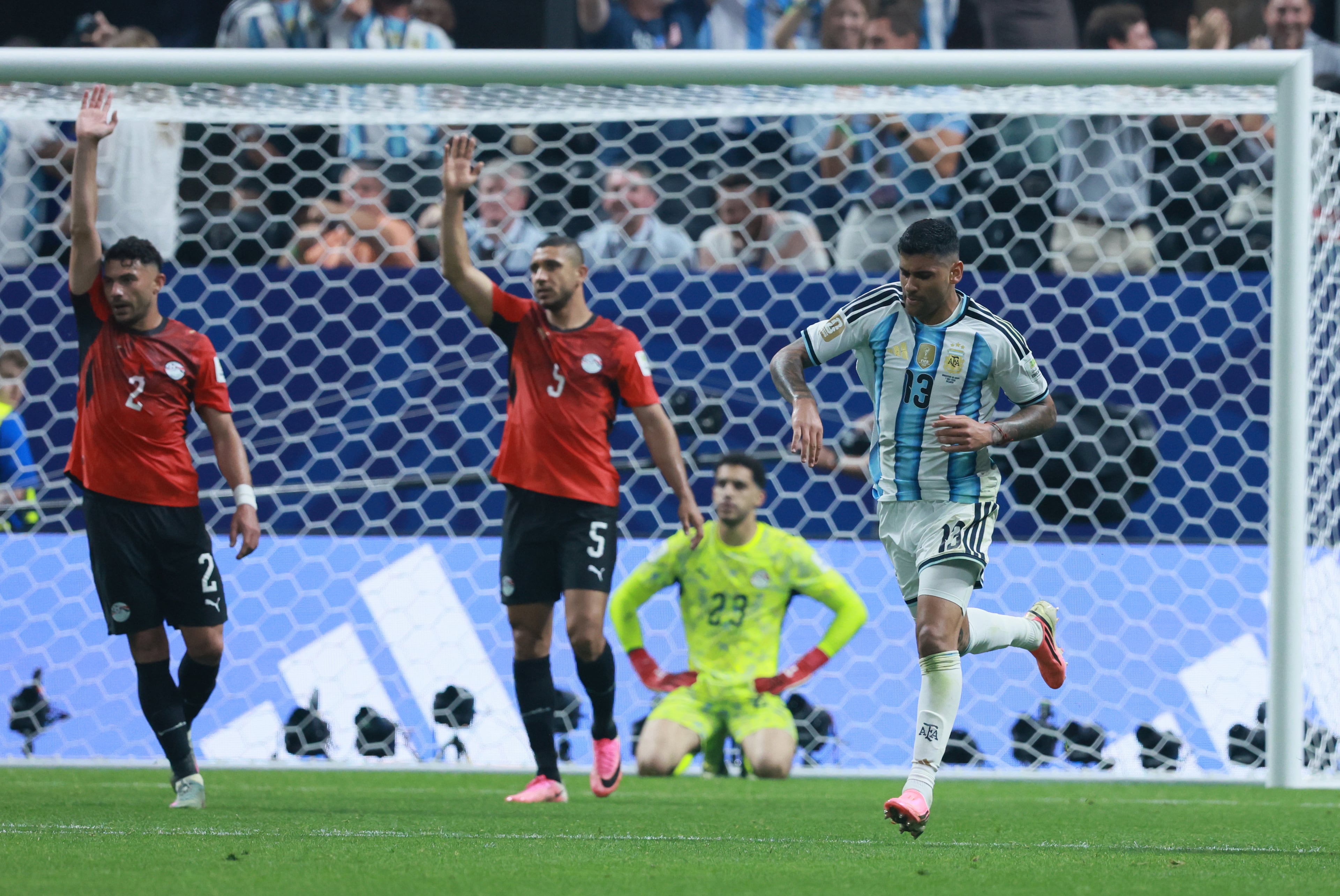Cristian Romero scores Argentina's first goal past Egypt goalkeeper Mostafa Shoubir during second half of Argentina vs. Egypt FIFA World Cup match at Atlanta Stadium (Mercedes-Benz Stadium) on Tuesday, July 7, 2026. (Miguel Martinez/AJC)