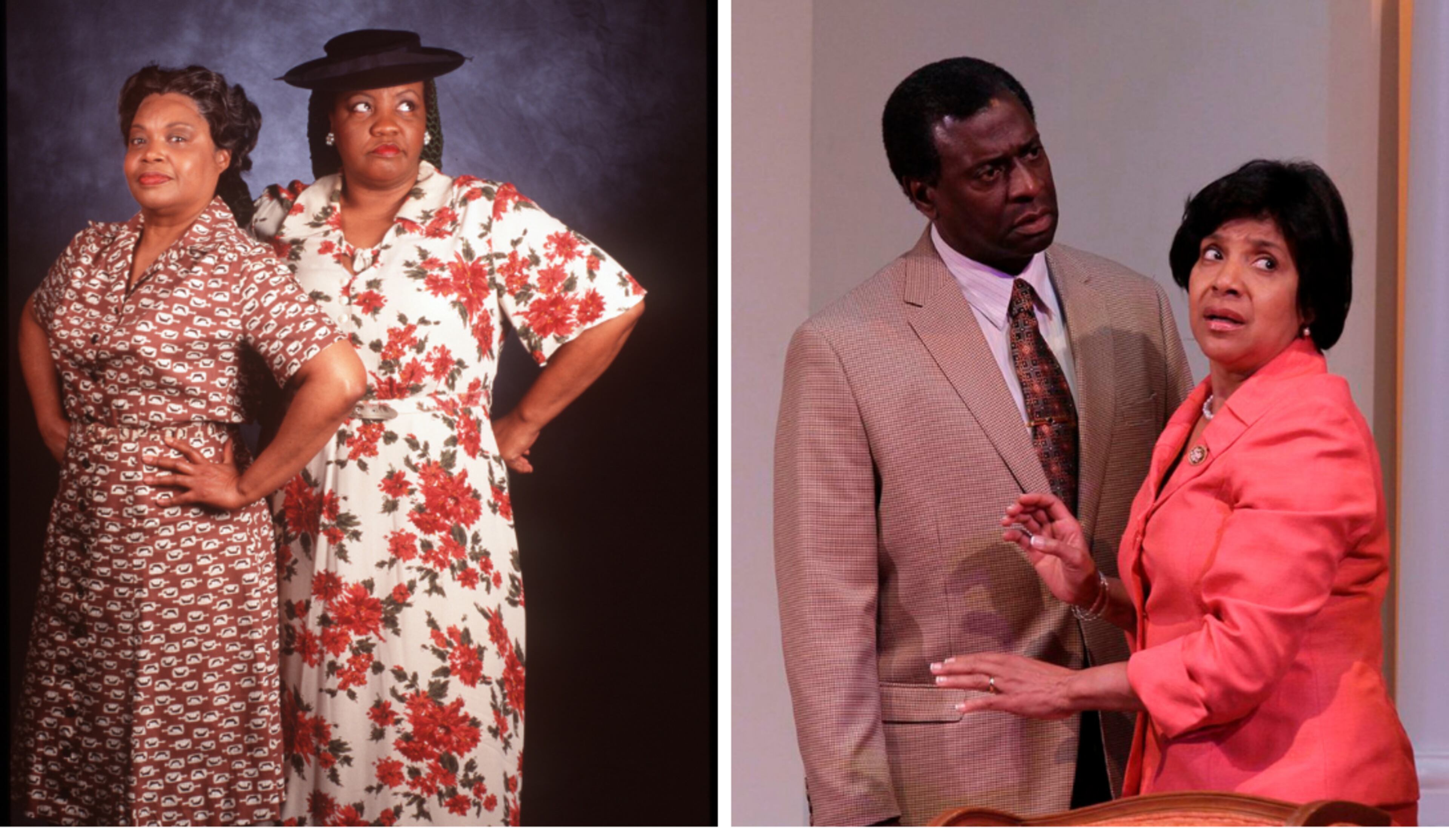 Elisabeth Omilami (bright flowered dress and hat in photo at left), with Delores Mitchell as they appeared in a 1999 Alliance Theatre production of "The Old Settler." Afemo Omilami (in photo at right) and Phylicia Rashad in a 2015 stage performance of "Guess Who's Coming to Dinner," directed by Kenny Leon. (Courtesy of Alliance Theatre; AJC file photo / Tyson A. Horne)