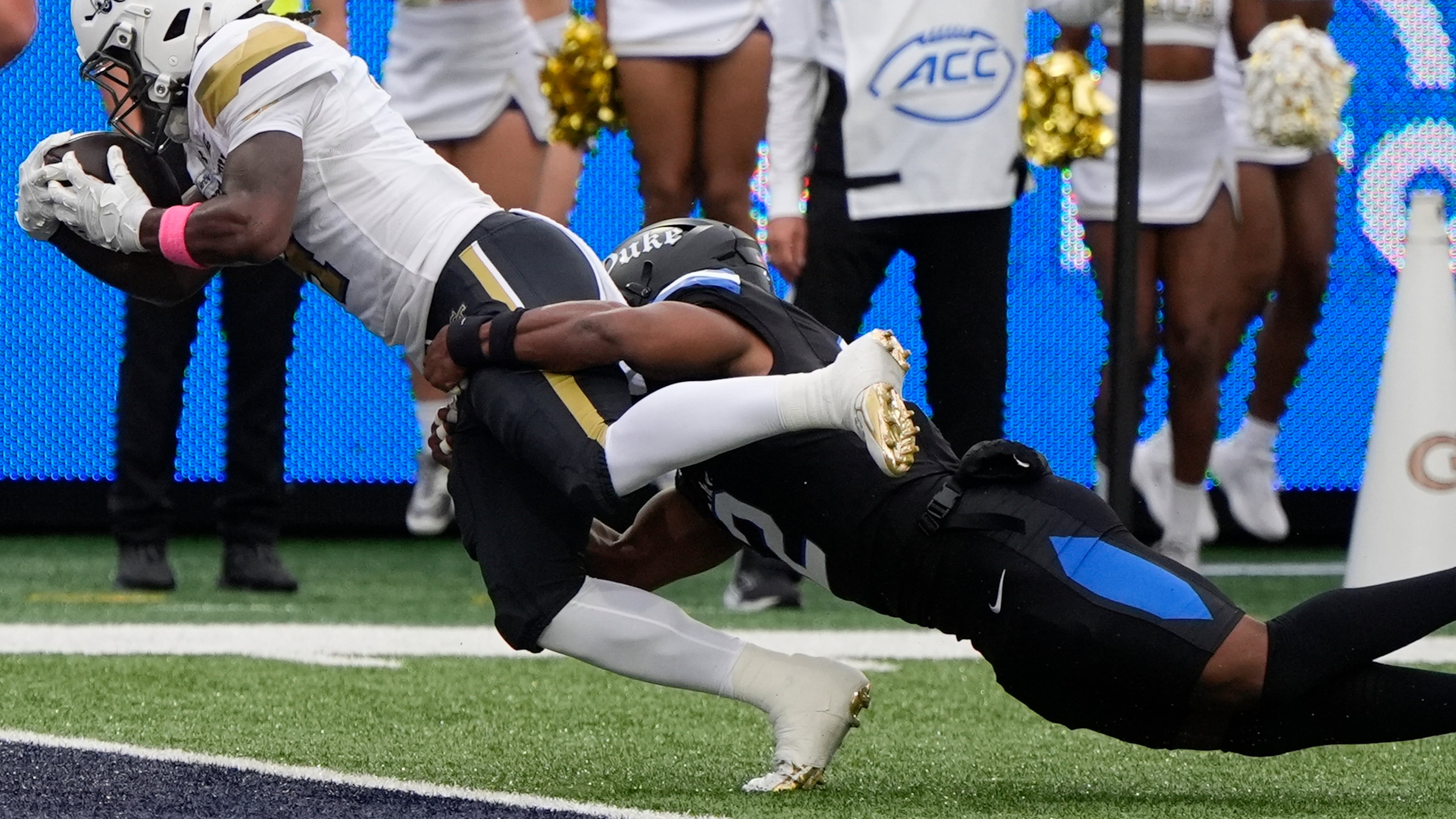 Georgia Tech wide receiver Jordan Allen (left) scores a touchdown against Duke safety Patrick Smith-Young during the first half of an NCAA college football game, Saturday, Oct. 10, 2026, in Atlanta. (Mike Stewart/AP)