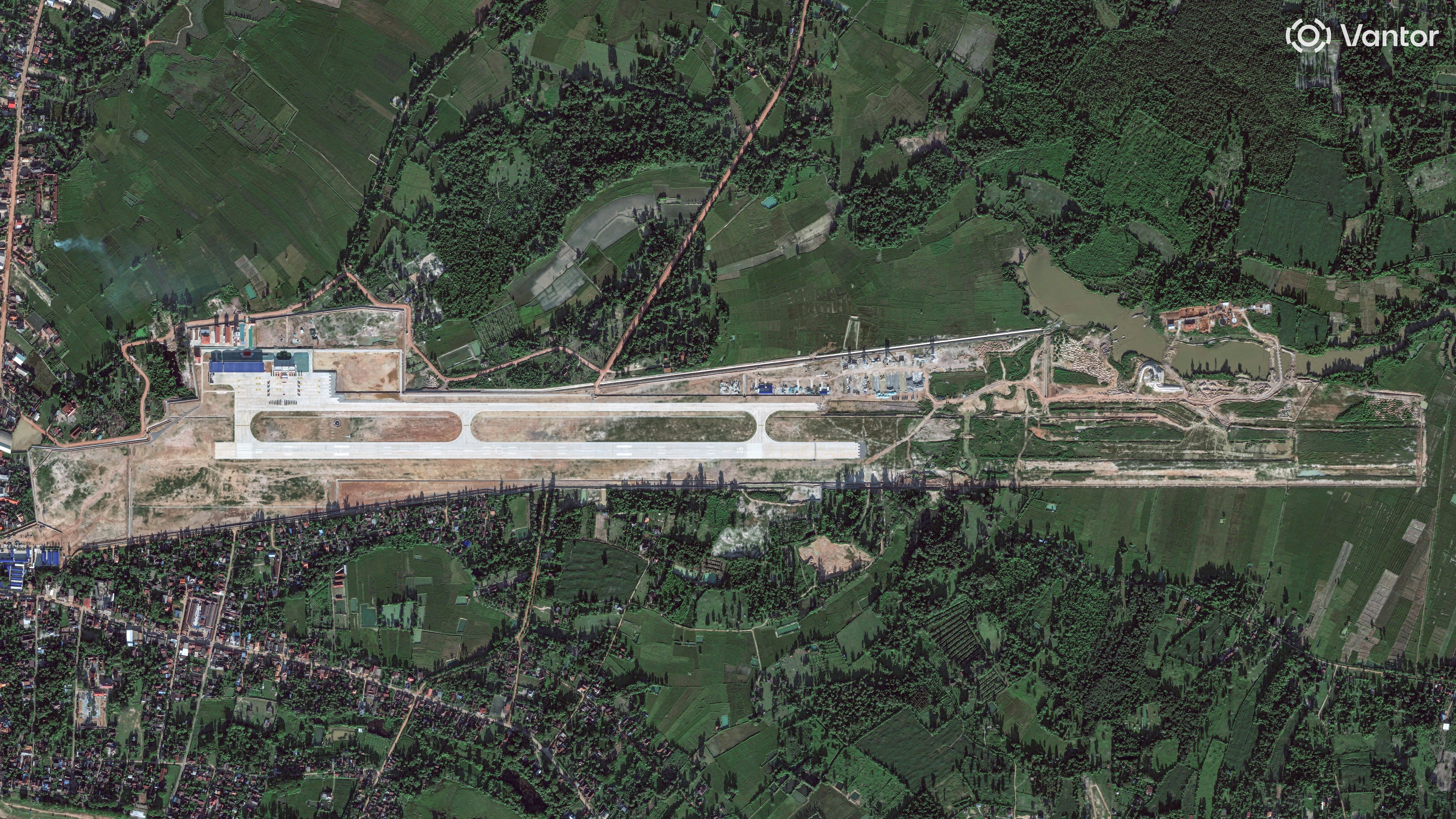 This satellite image provided by Vantor shows shows Ben Keun airport in Laos, Cambodia, Sept. 30, 2026. (Satellite image ©2026 Vantor via AP)