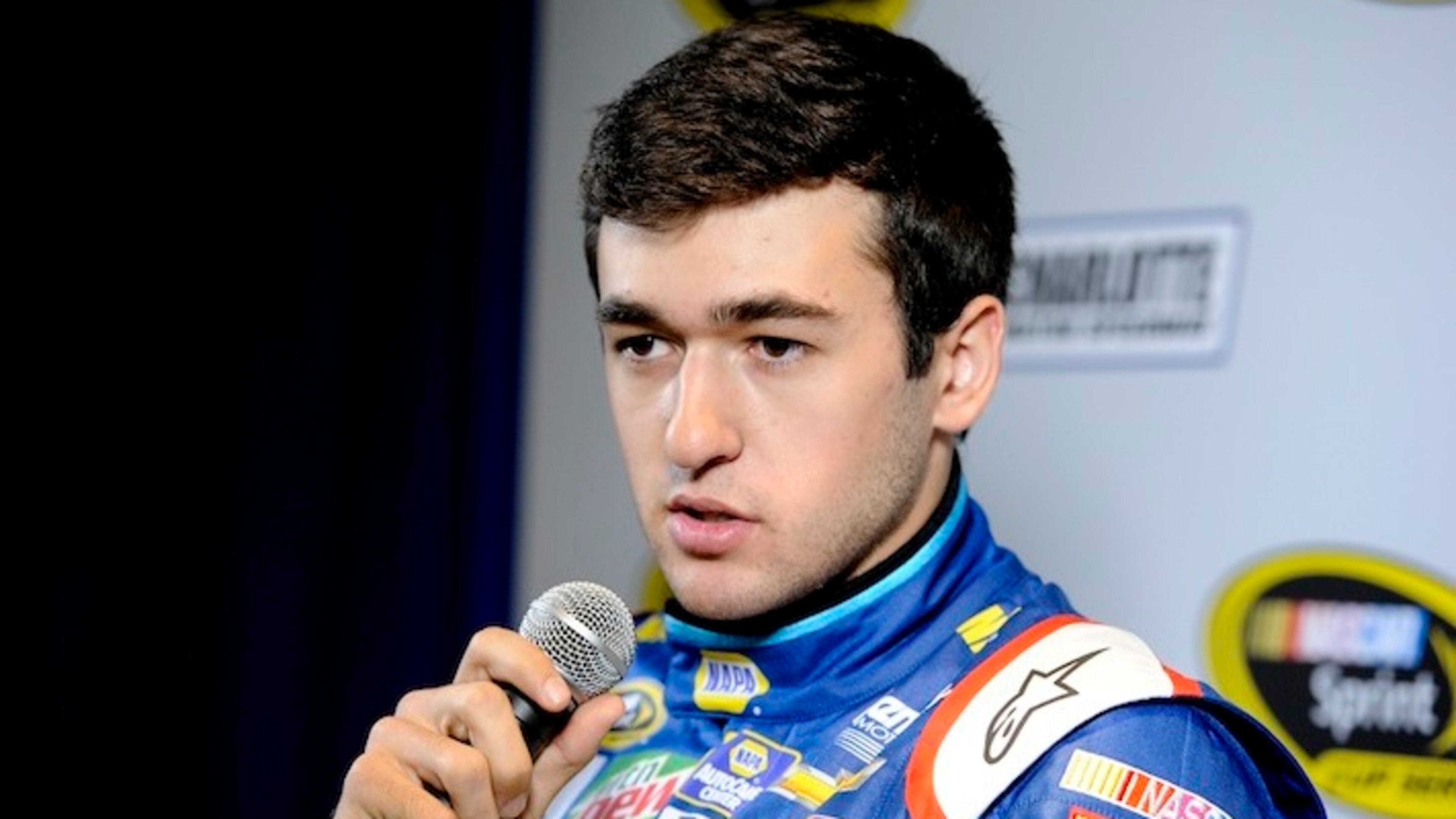 Chase Elliott talks to members of the media during the NASCAR Charlotte Motor Speedway Media Tour in Charlotte, N.C., Thursday, Jan. 21, 2016. (AP Photo/Mike McCarn)