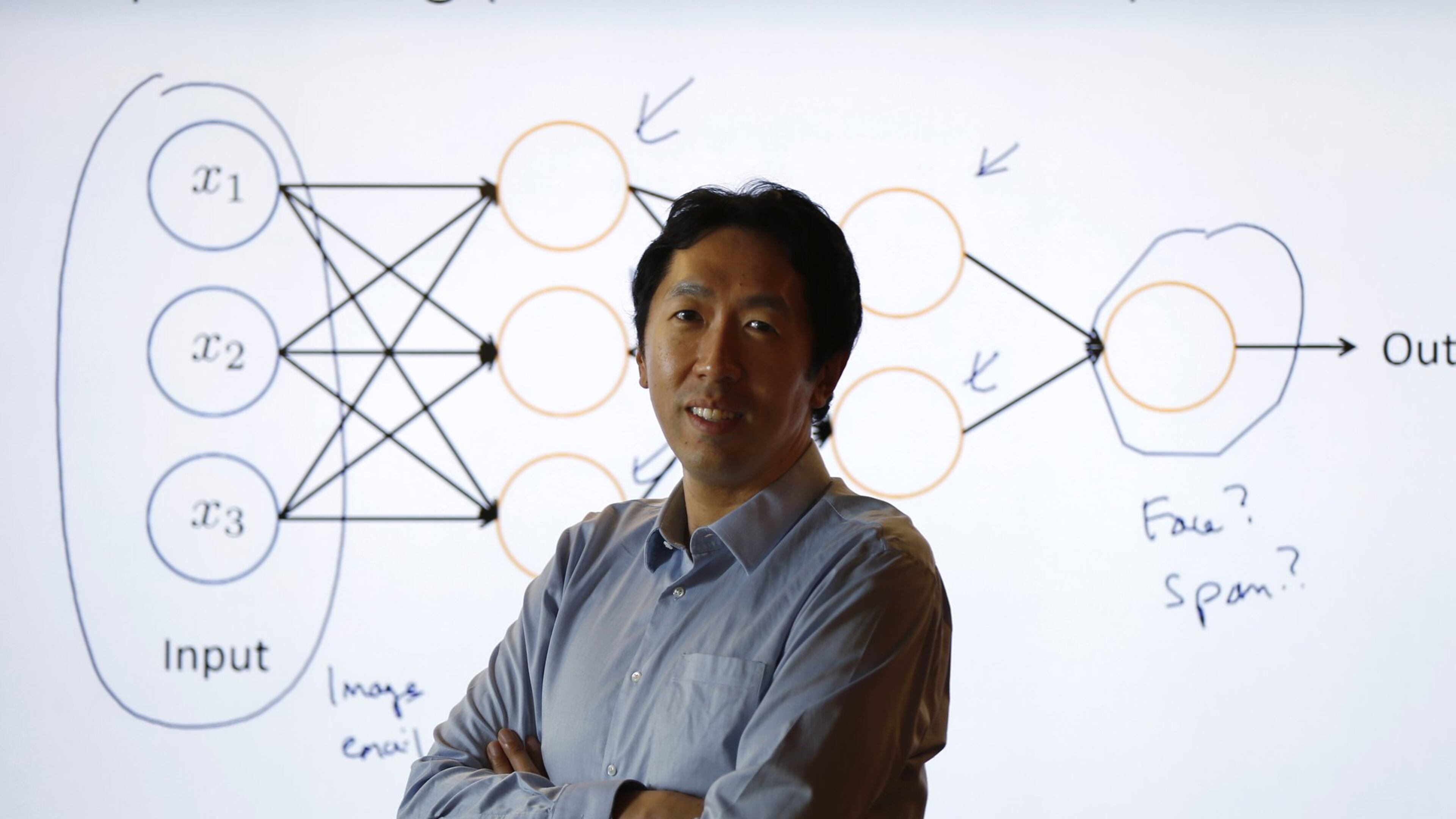 Andrew Ng, former chief scientist at Baidu and an associate professor at Stanford, poses for a portrait in front of a diagram he drew on deep learning in the Baidu office in Sunnyvale in March 2016. (Nhat V. Meyer/Bay Area News Group/TNS)