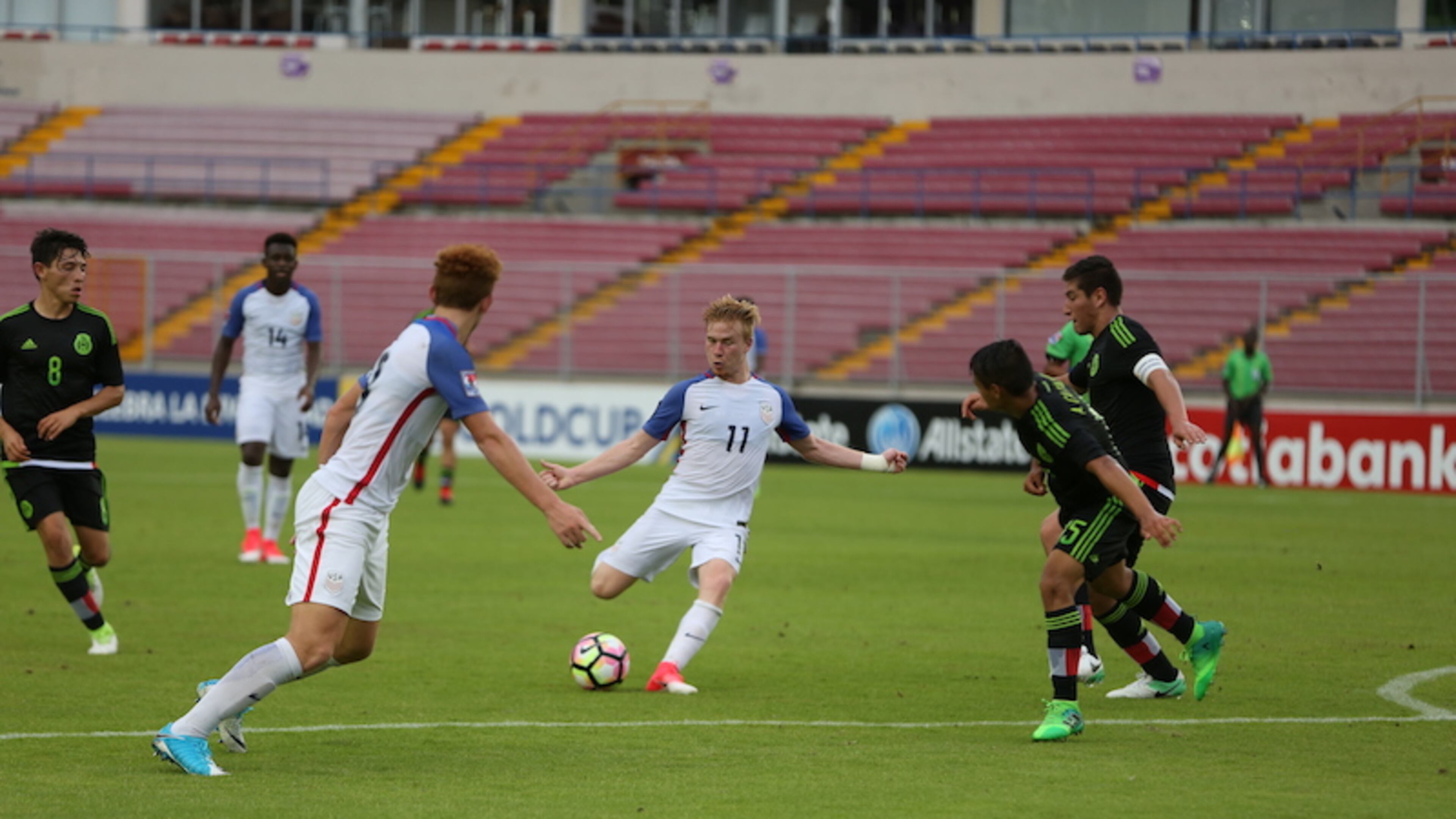 Andrew Carleton shoots in the U.S. 5-4 loss on penalty kicks to Mexico in the CONCACAF tournament in Panama City, Panama. (U.S. Soccer)