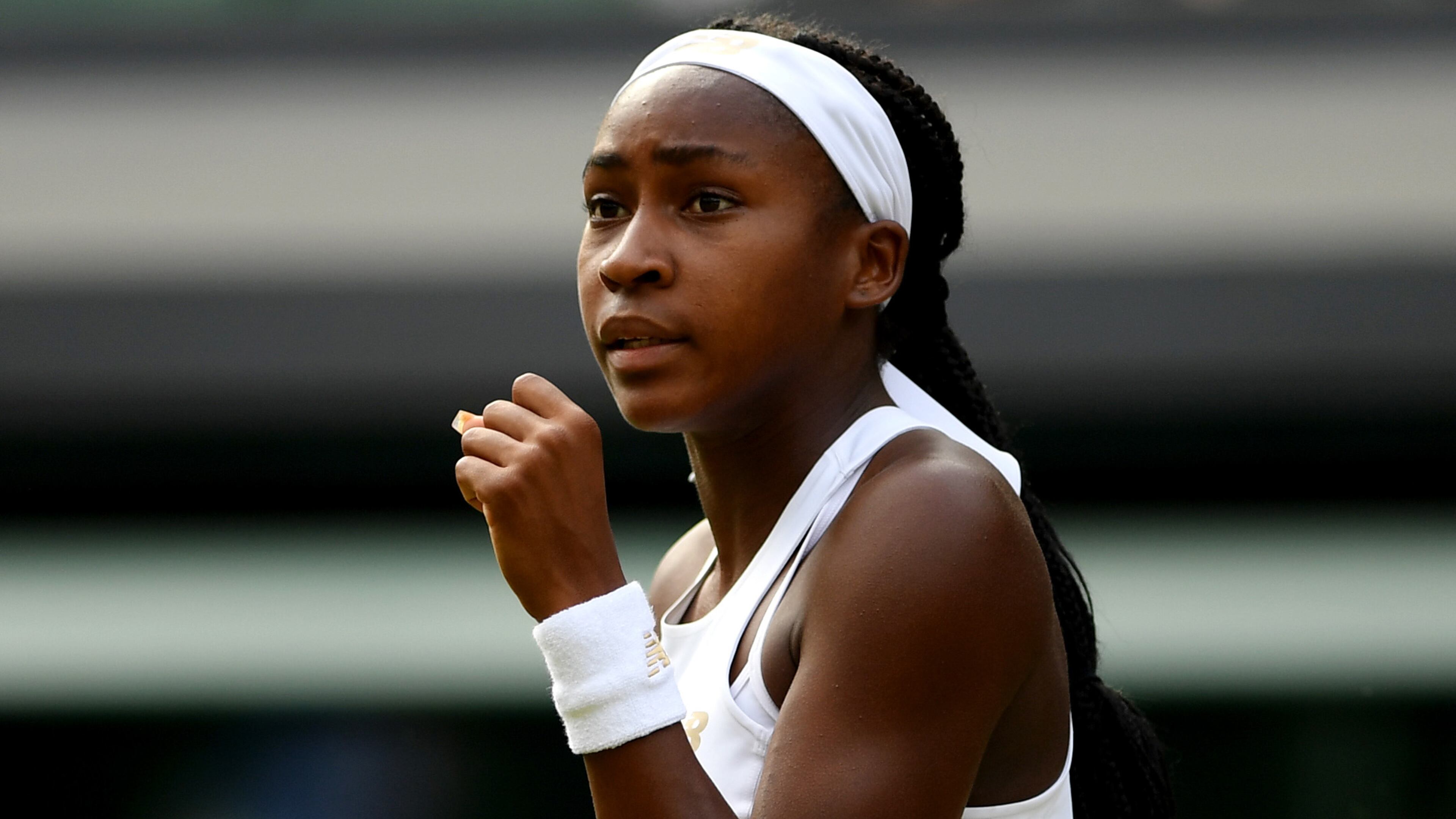 Cori Gauff celebrates during her third-round match of The Championships - Wimbledon 2019 at All England Lawn Tennis and Croquet Club on July 5, 2019, in London.