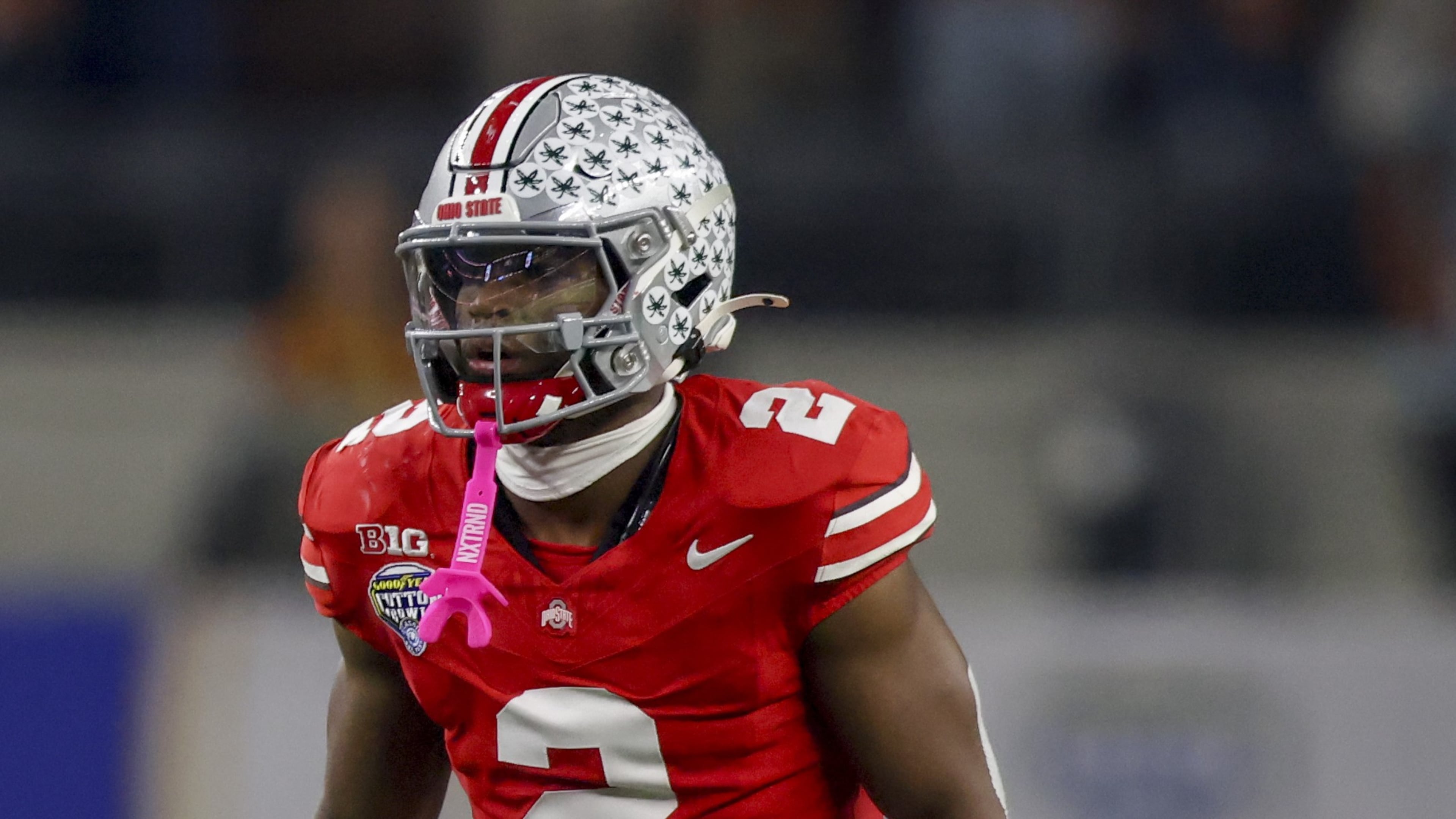 Ohio State safety Caleb Downs (2) prepares between plays during the Cotton Bowl College Football Playoff semifinal game against Texas, Friday, Jan. 10, 2025, in Arlington, Texas. (AP Photo/Gareth Patterson)