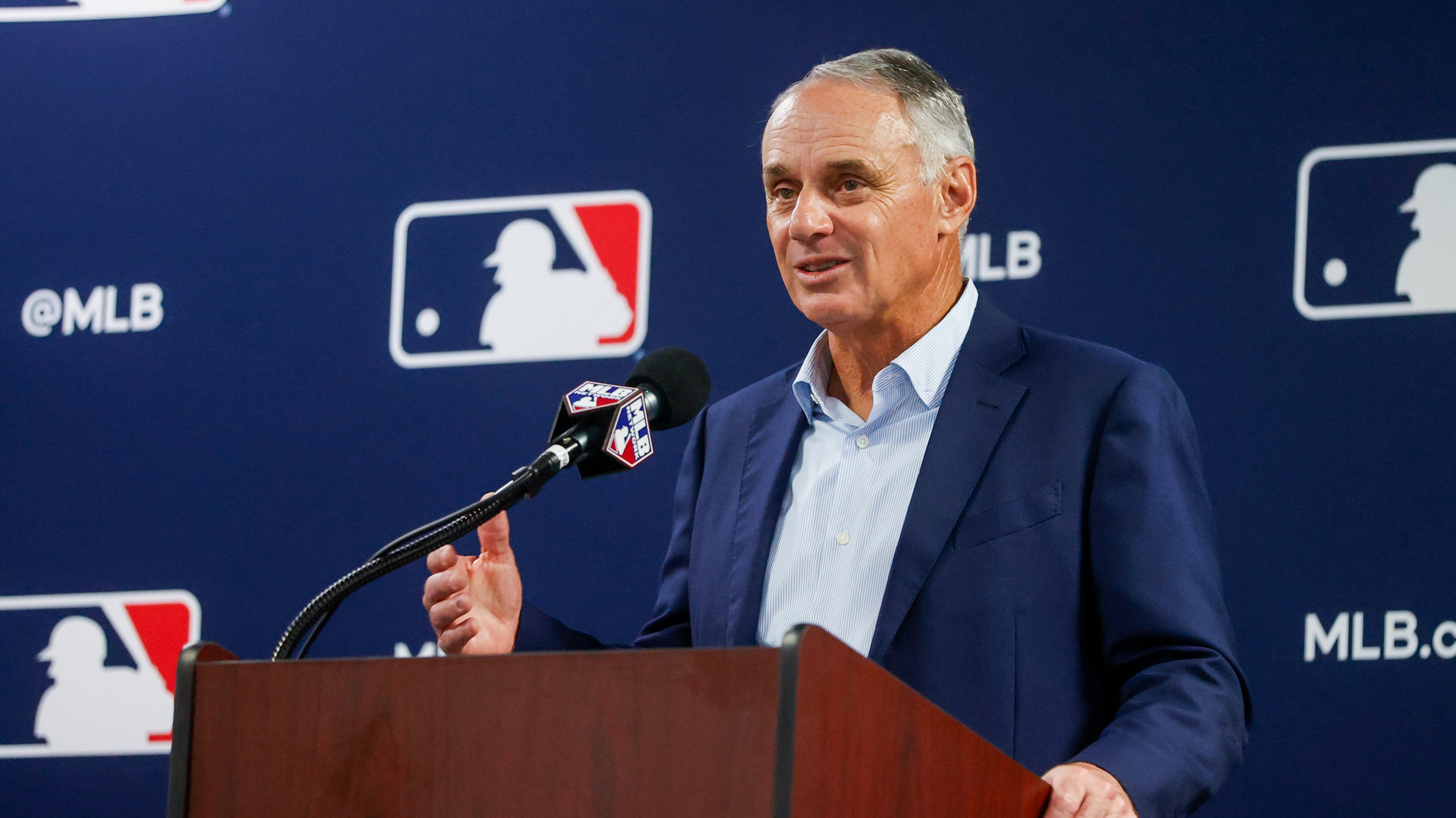 MLB Commissioner Rob Manfred speaks with members of the media at George M. Steinbrenner Field in Tampa, Fla. Manfred pulled the All-Star Game out of Georgia in 2021 in response to the state’s voting law. (Ivy Ceballo/Tampa Bay Times/TNS 2024)