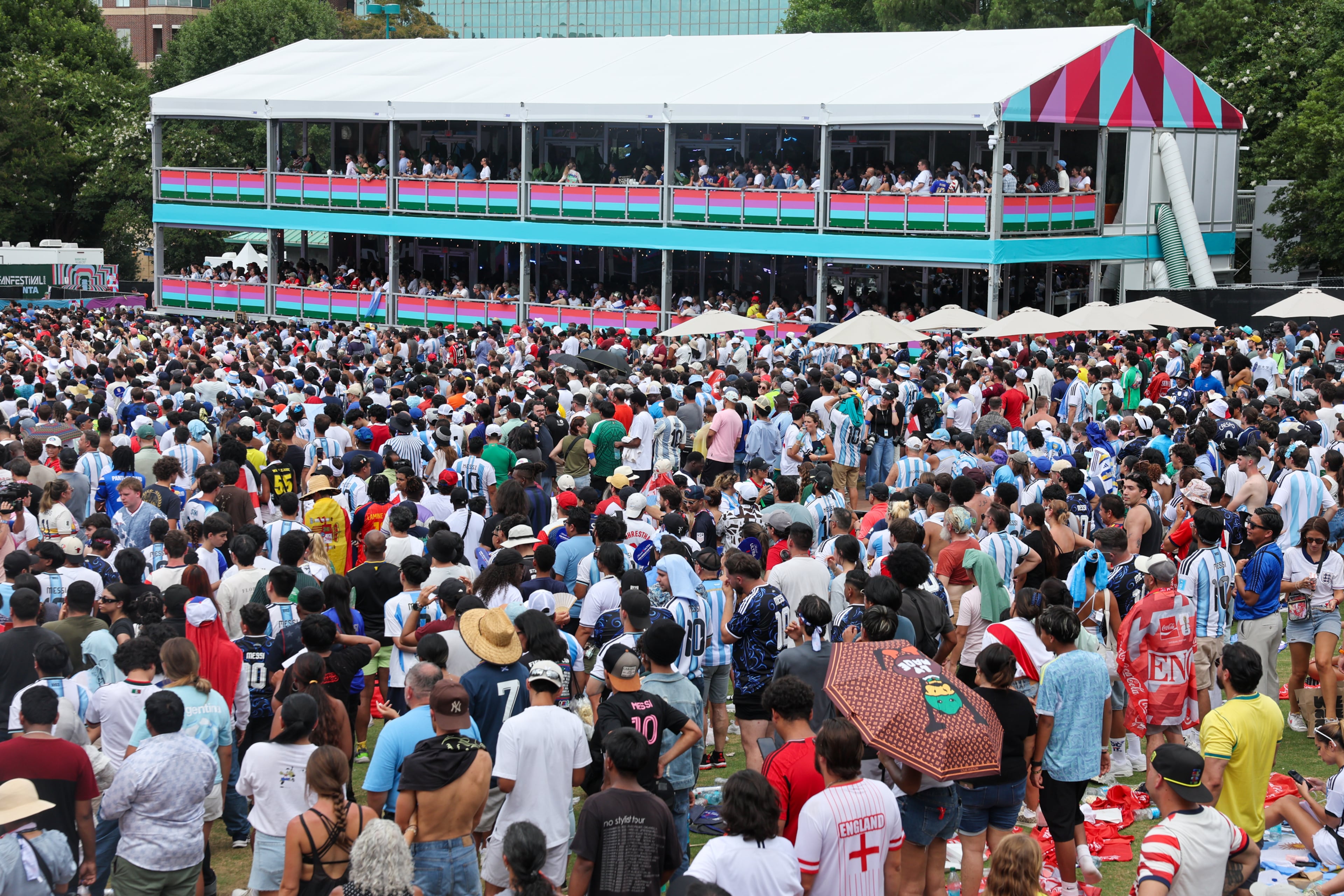 Crowds fill Fan Fest during the FIFA World Cup game between England and Argentina in Atlanta on July 15, 2026. It’s the last game Atlanta is hosting. (Arvin Temkar/AJC)