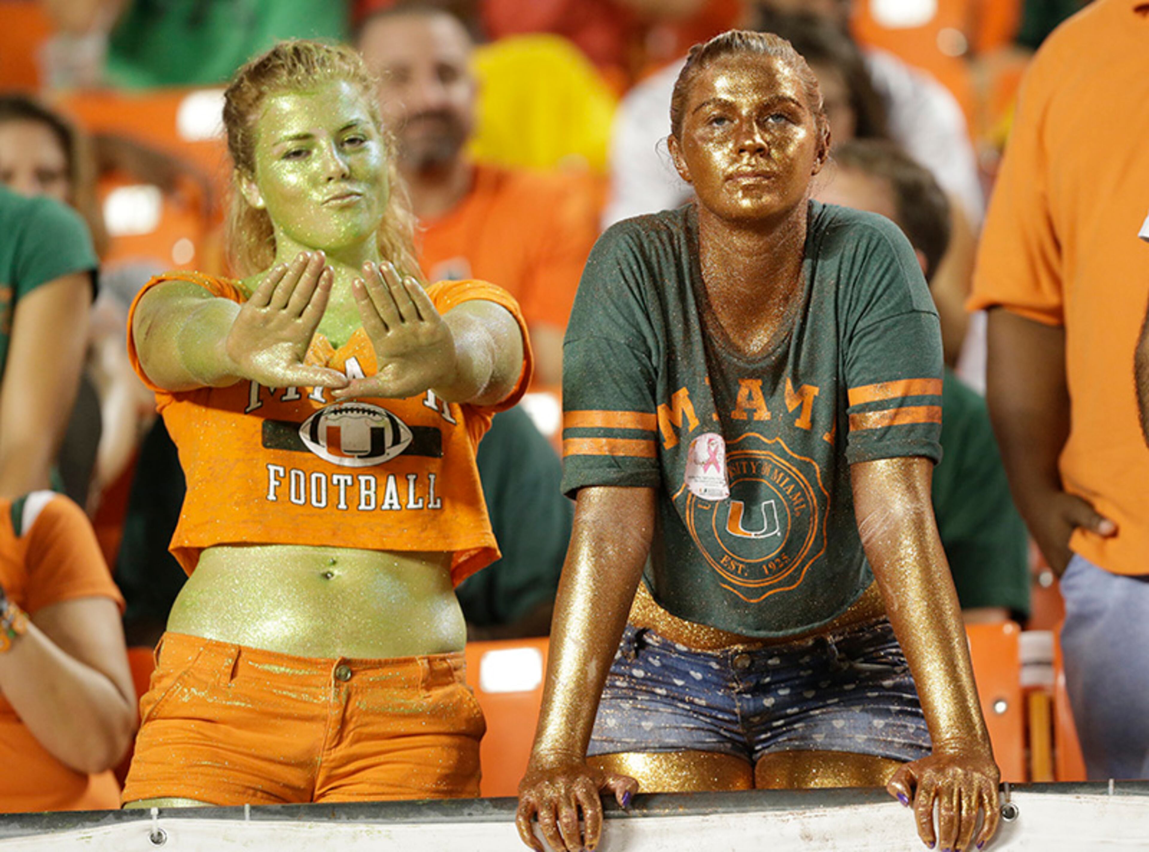 Miami fans are shown during the first half of an NCAA college football game between Miami and Florida Atlantic, Friday, Aug. 30, 2013, in Miami Gardens, Fla.