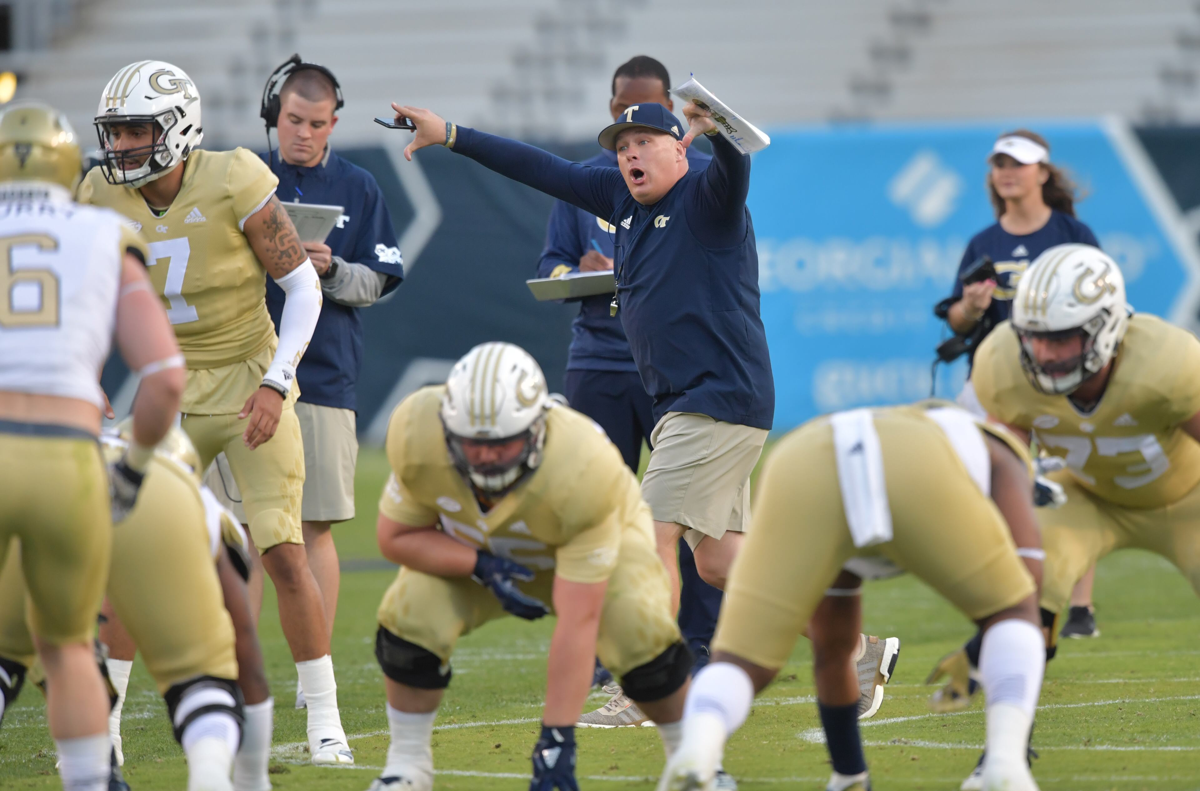 April 26, 2019 Atlanta - Georgia Tech head coach Geoff Collins shouts instructions during 2019 Georgia Tech Football Spring Game at Bobby Dodd Stadium on Friday, April 26, 2019. HYOSUB SHIN / HSHIN@AJC.COM