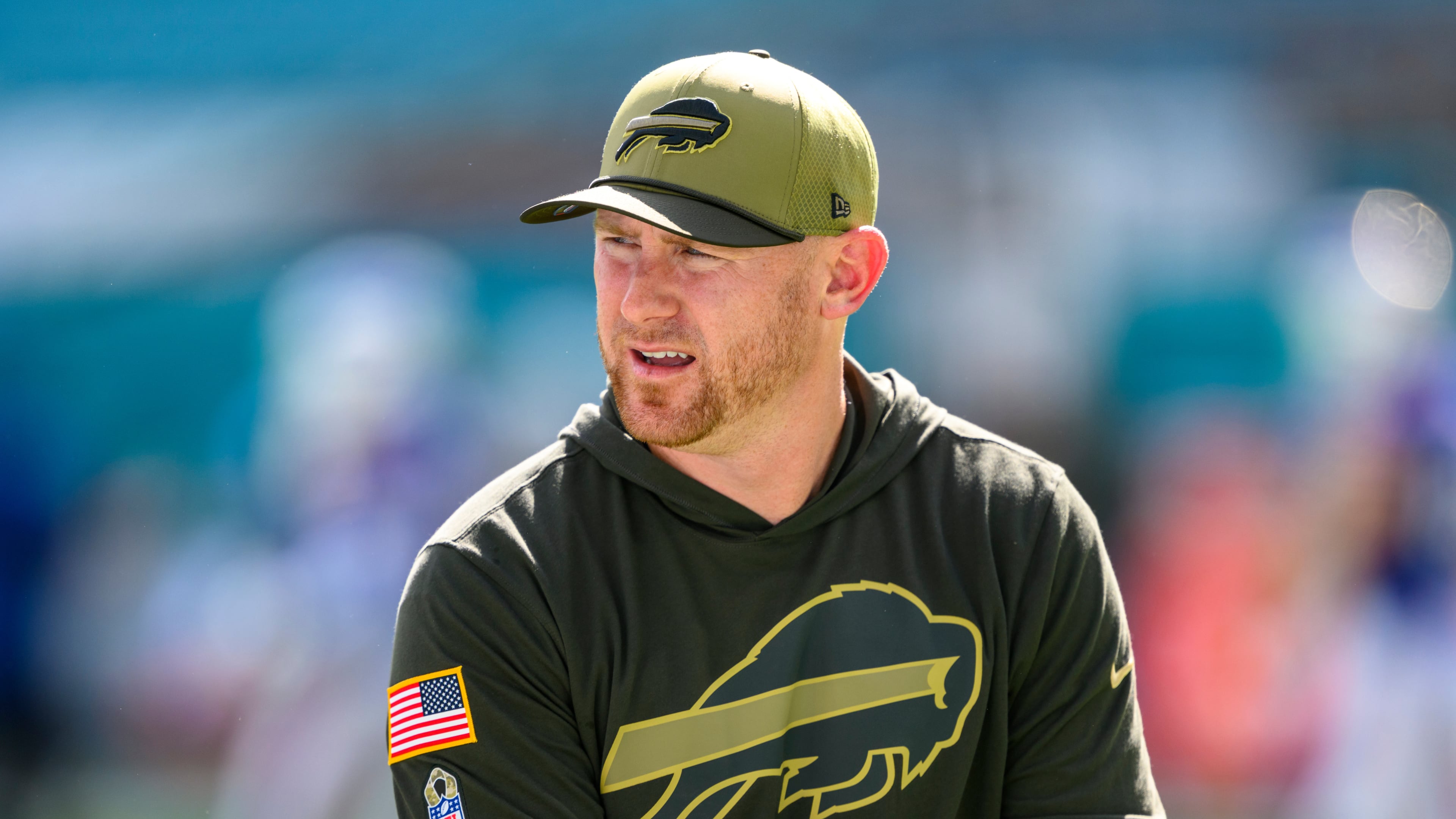 FILE - Buffalo Bills offensive coordinator Joe Brady stands on the field before an NFL football game against the Miami Dolphins, Nov. 9, 2025, in Miami Gardens, Fla. (AP Photo/Doug Murray, File)