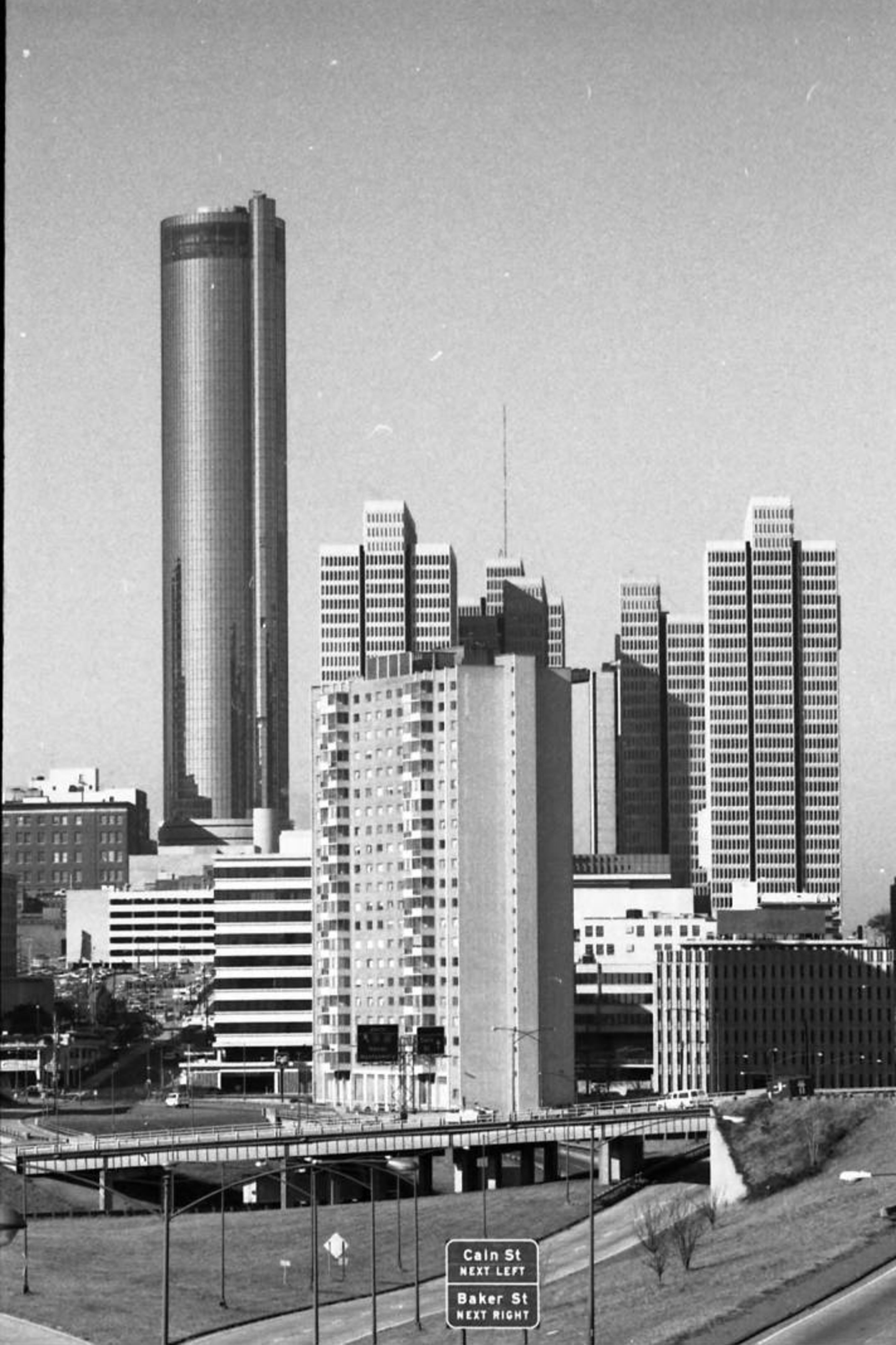 Peachtree Center area, looking southwest from the Jackson Street bridge above the Downtown Connector on January 21, 1976.