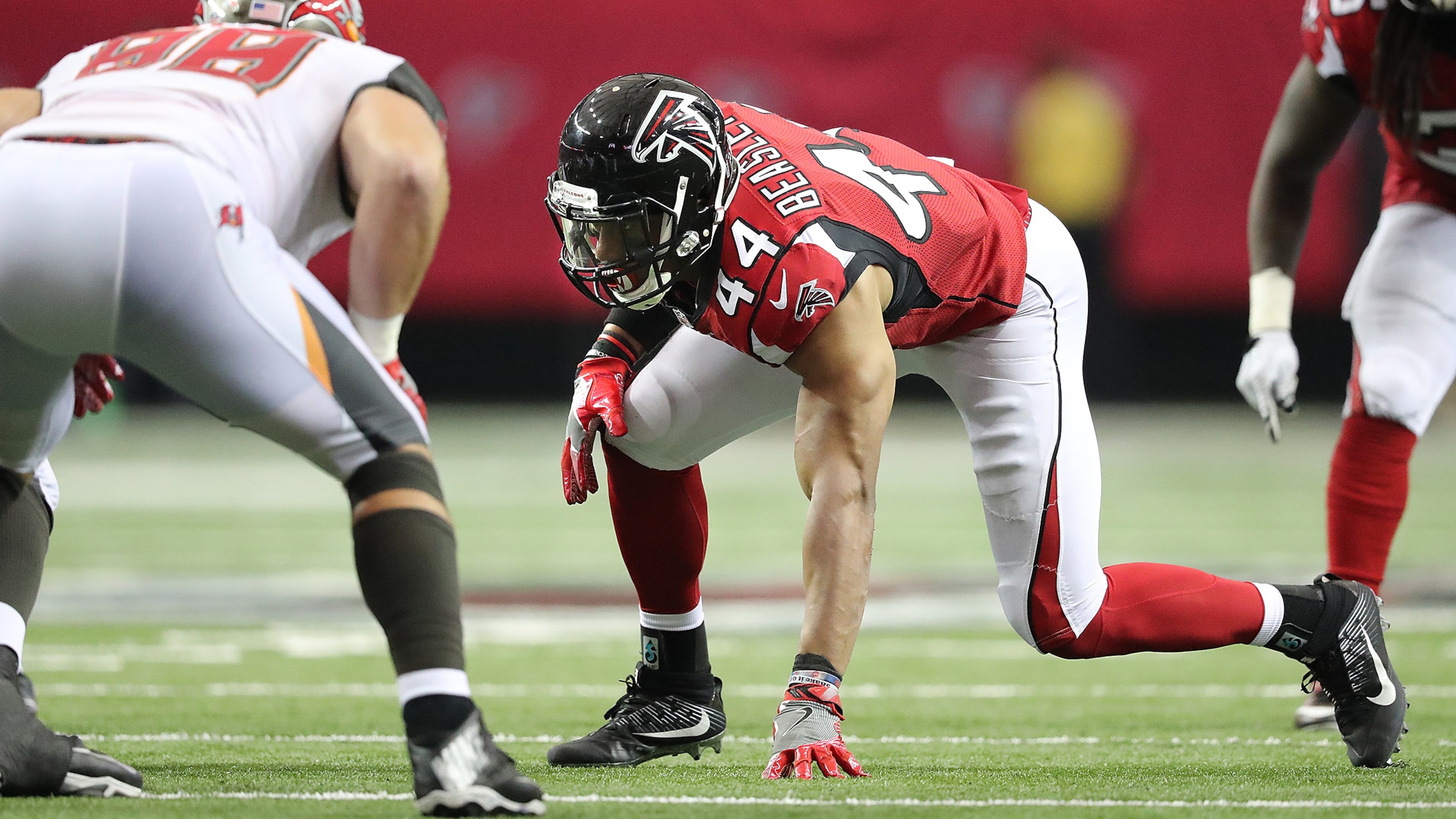 September 11, 2016 ATLANTA: Falcons Vic Beasley Jr., who did not have a stat on the sheet from the game, lines up to rush in the second half against the Buccaneers in an NFL football game on Sunday, Sept. 11, 2016, in Atlanta. Curtis Compton /ccompton@ajc.com