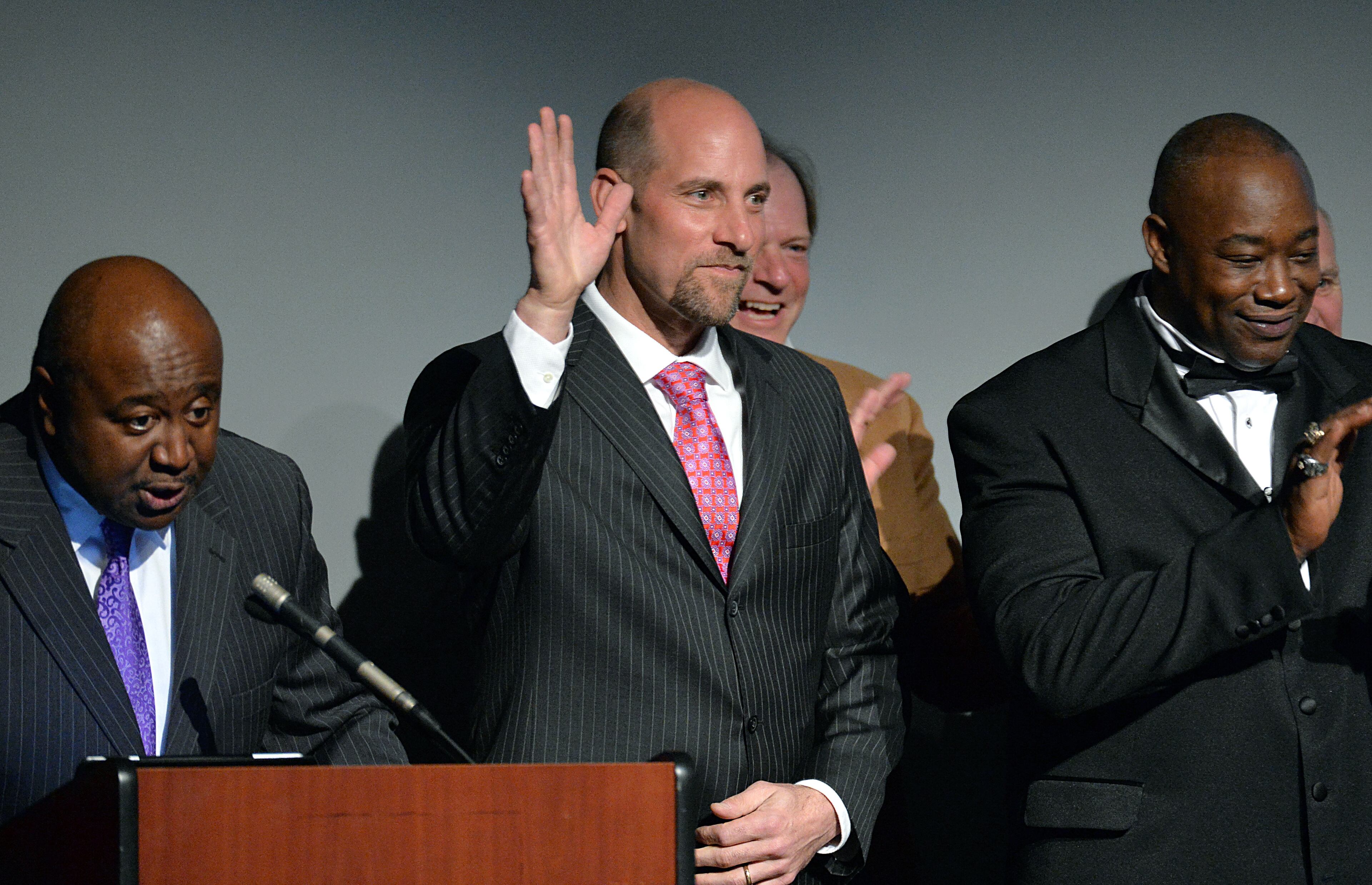 2014 Inductee John Smoltz waves as he is recognized during the Atlanta Sports Hall of Fame 10th Anniversary induction ceremony at Buckhead Theater in Atlanta on Friday, February 7, 2014. John Smoltz is a former Atlanta Braves pitcher who played two decades with the Atlanta Braves, including the 1995 World Series championship team. HYOSUB SHIN / HSHIN@AJC.COM