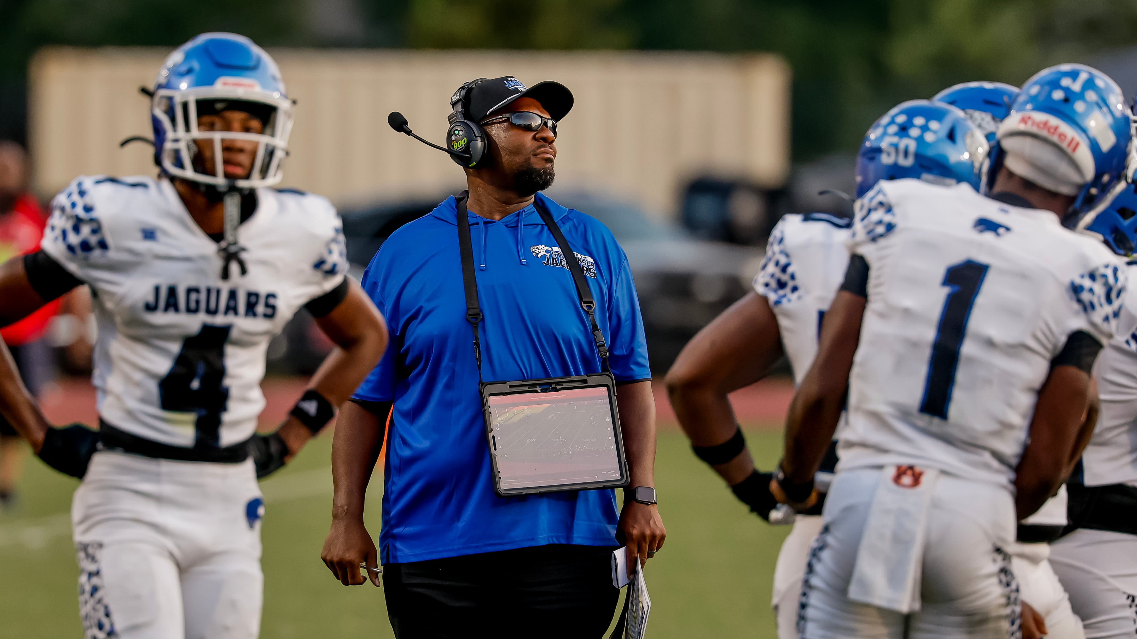 Stephenson head football coach Marcus Jelks during the first half of a high school football game between Tucker and Stephenson at Hallford Stadium, Friday, Sept. 4, 2026, in Clarkston, GA. (Erik S. Lesser for the AJC)