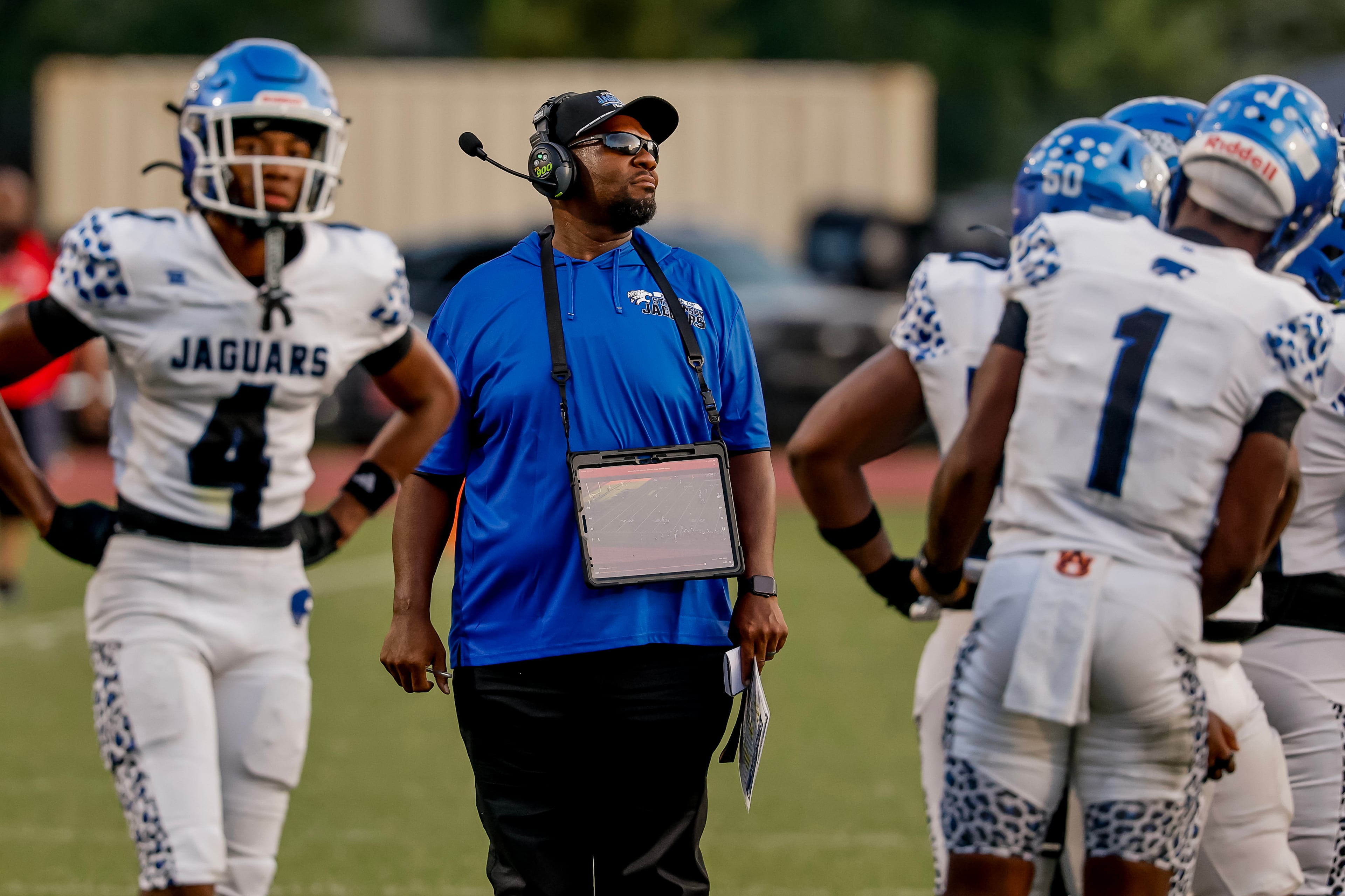 Stephenson coach Marcus Jelks watches the action as his team takes on Tucker at Hallford Stadium on Friday, Sept. 4, 2026, in Clarkston. (Erik S. Lesser for the AJC)