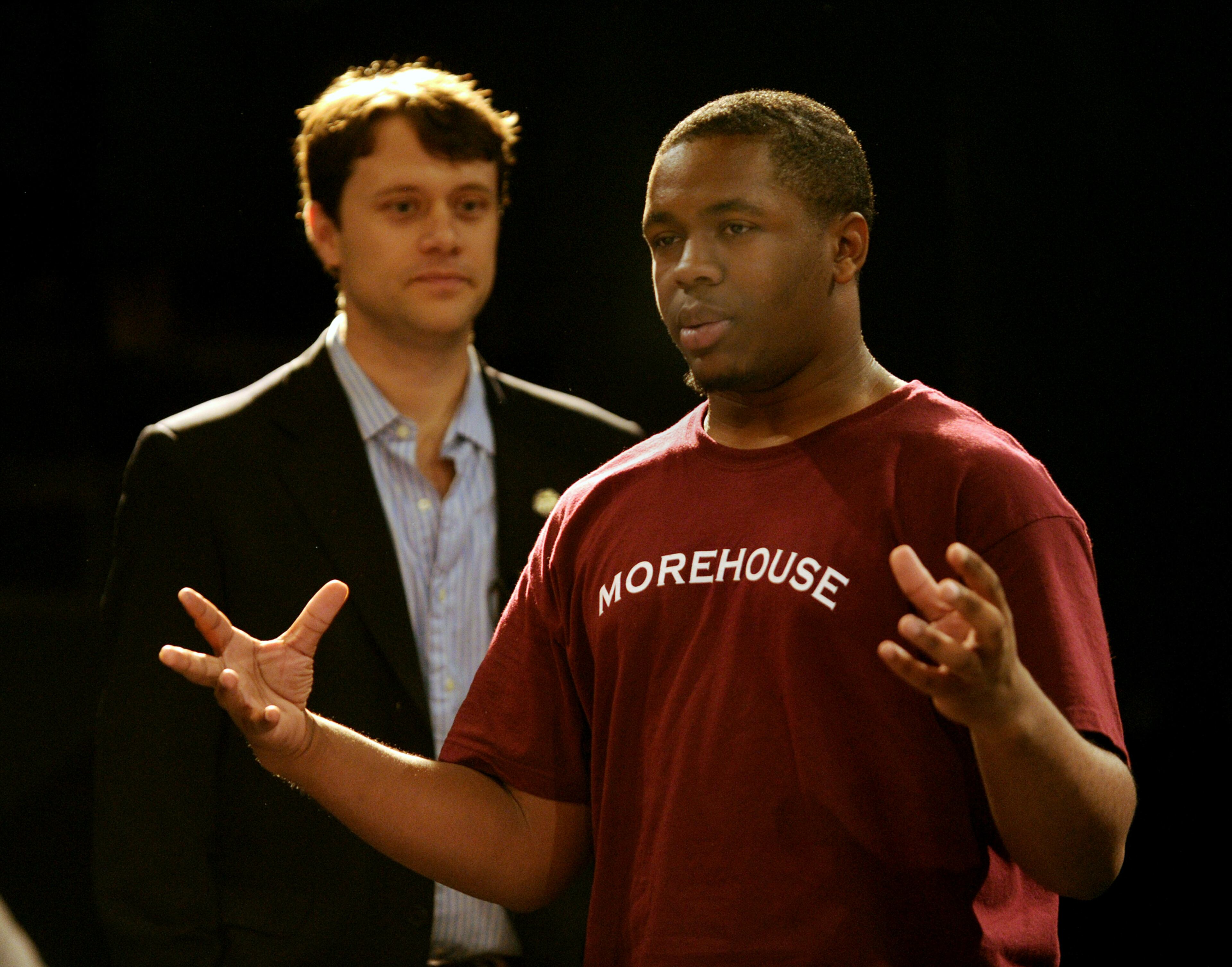 Grady High School student, Reginald Hutchins, 17, speaks as Georgia State Sen. Jason Carter listens as he expresses his opinion about the Atlanta School board during the Rock to Vote Democracy Class on May 12, 2011, at Grady High School.