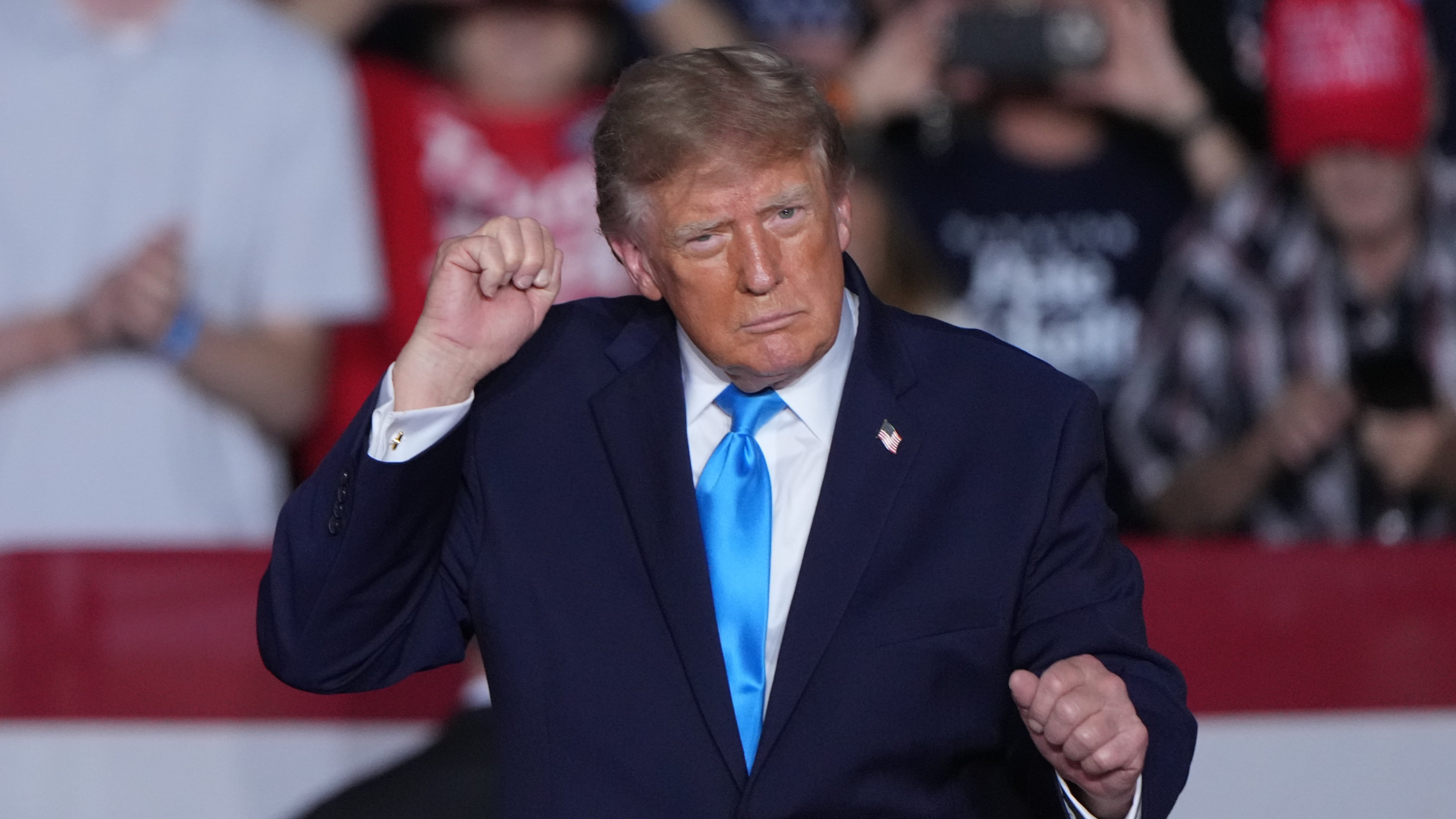 President Donald Trump dances at a campaign rally at the Pinnacle Bank Expo Center, Monday, Oct. 5, 2026, in Grand Island, Neb. (AP Photo/Charlie Riedel)