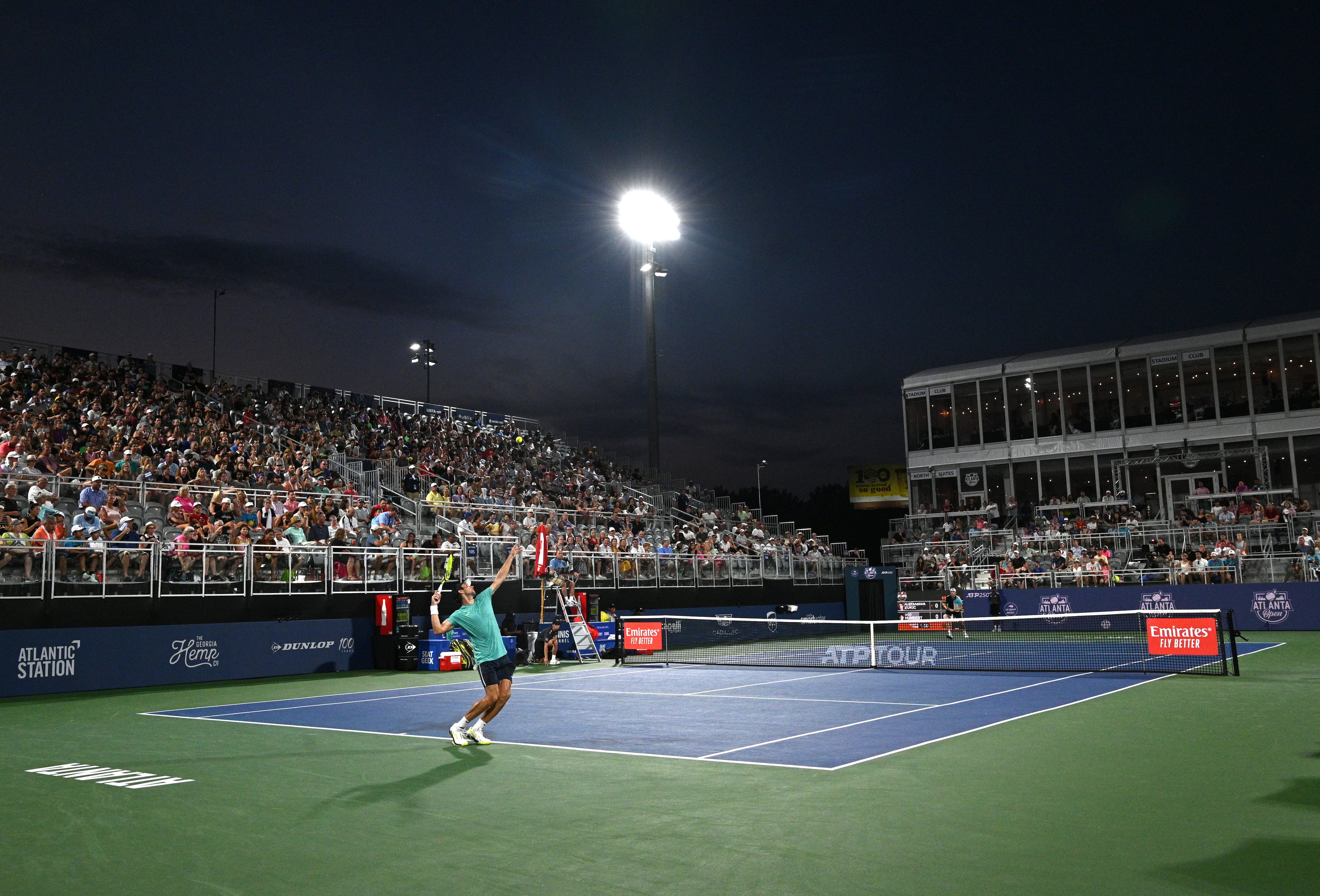 Aleksandar Vukic serves the ball against Ugo Humbert during a semifinal match at the 2023 Atlanta Tennis Open at Atlantic Station, Saturday, July 29, 2023, in Atlanta. (Hyosub Shin / Hyosub.Shin@ajc.com)