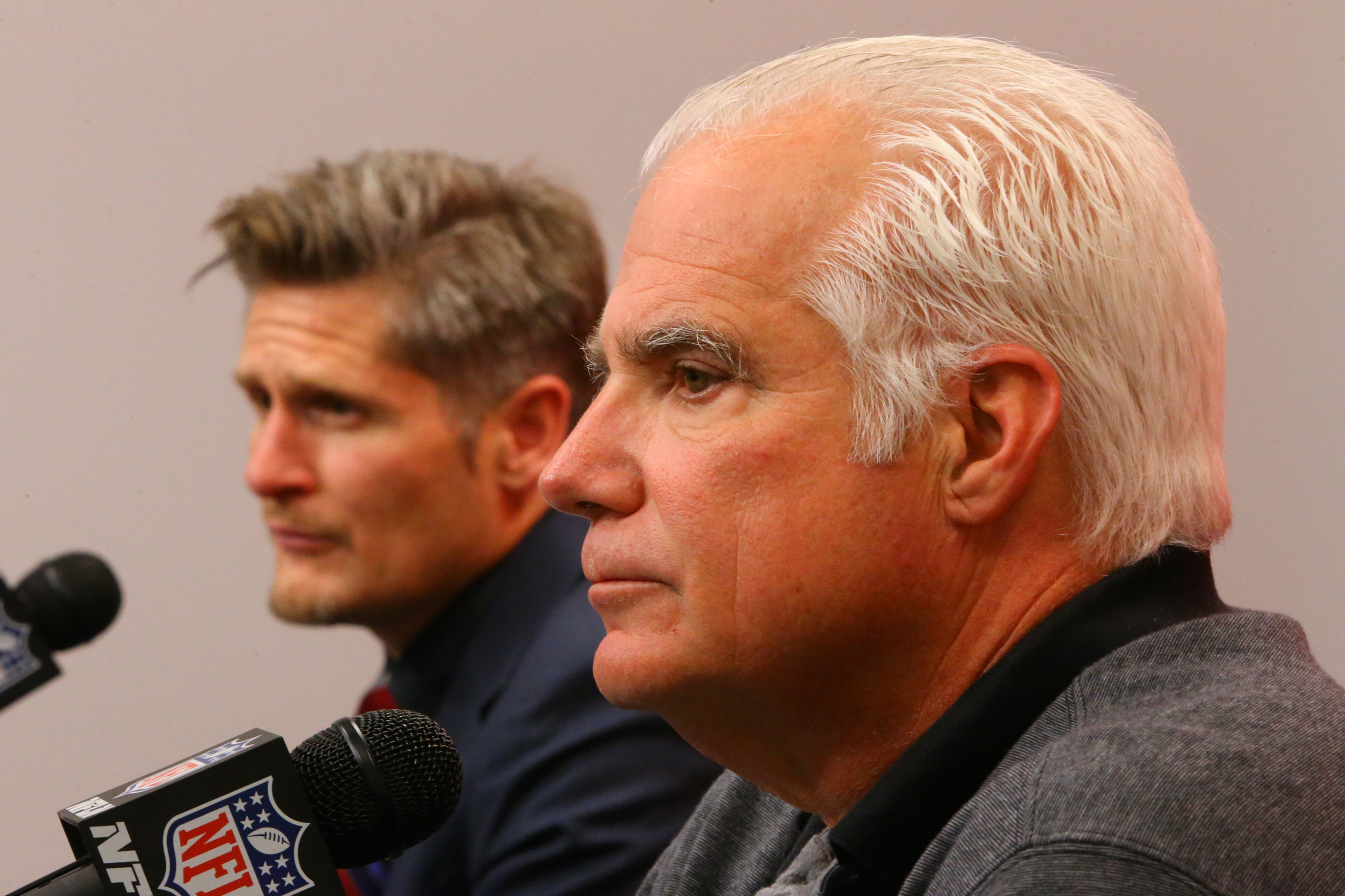 Atlanta Falcons General Manager Thomas Dimitroff (left) and head coach Mike Smith hold an end-of-season press conference at the team training facility after a 4-12 record on Monday, Dec. 30, 2013, in Flowery Branch.