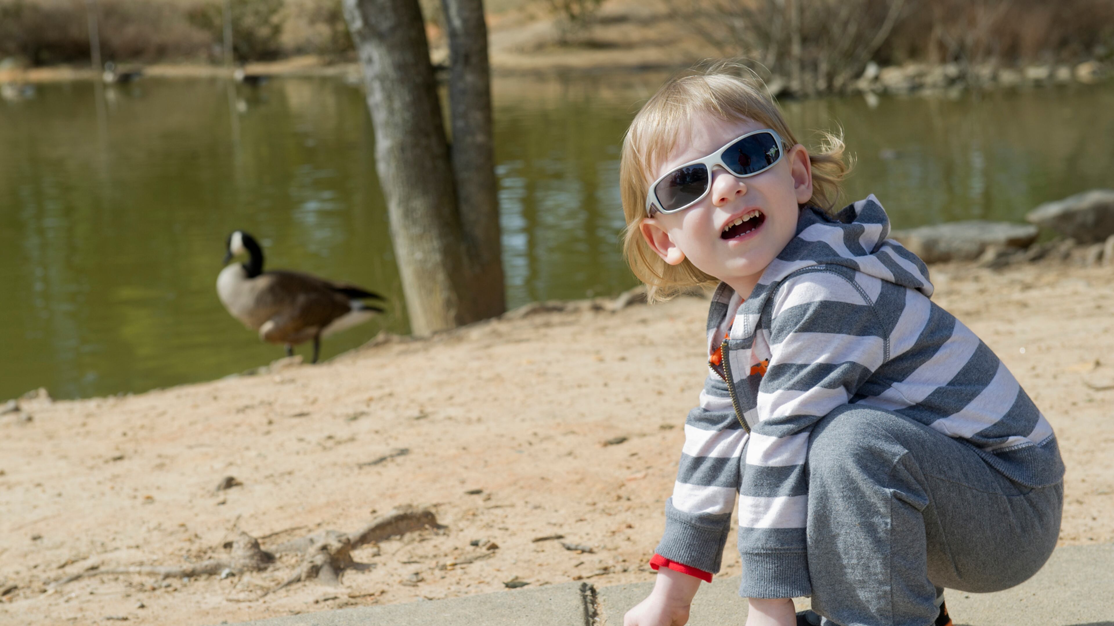 Artur Brodka kneels down close to one of the geese at Shorty Howell Park in Duluth on Sunday, Feb. 23, 2014. Monday's weather was equally gorgeous, but colder weather is returning JONATHAN PHILLIPS / SPECIAL