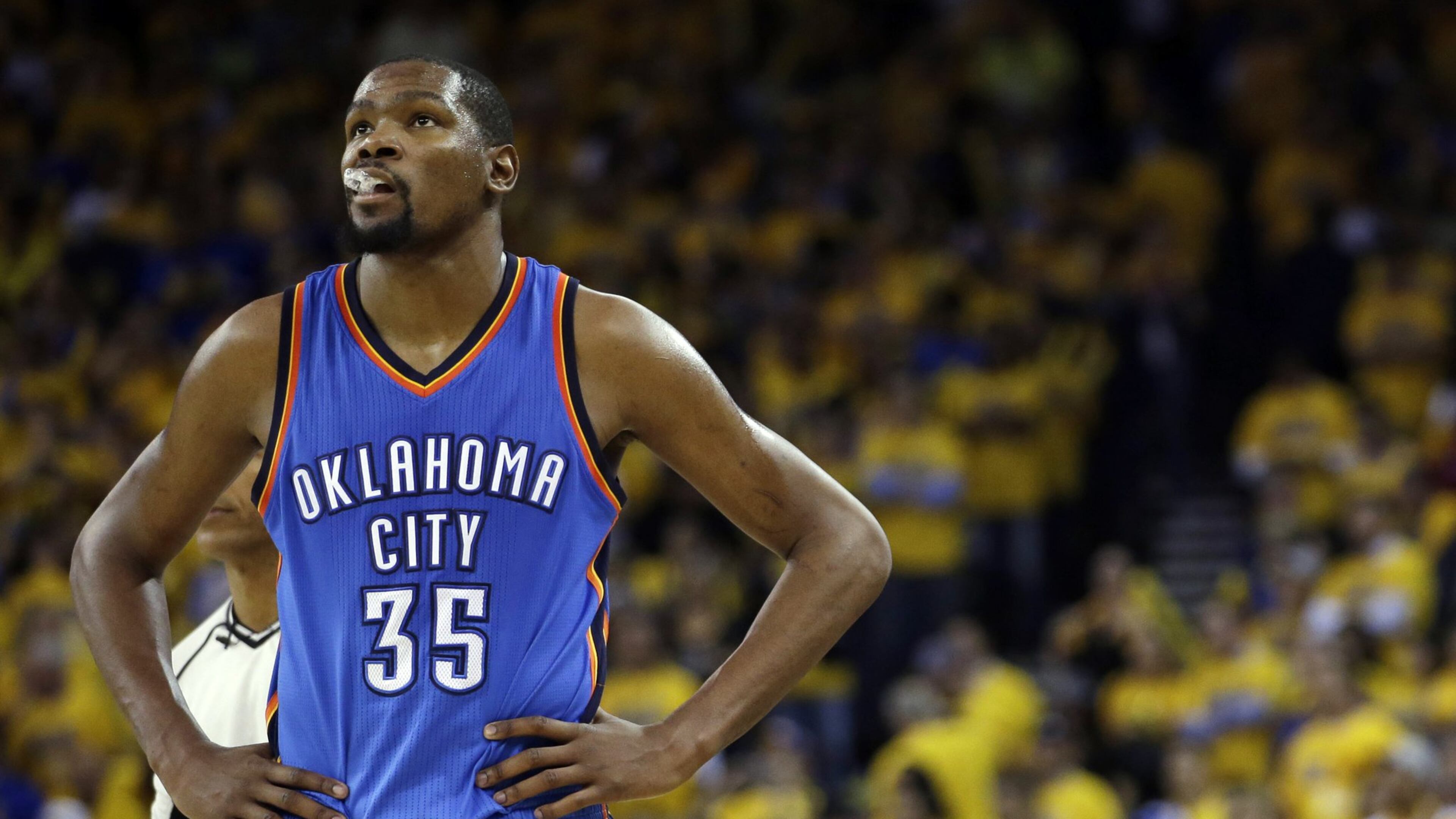 Oklahoma City Thunder’s Kevin Durant watches during the closing minutes of the second half in Game 5 of the NBA basketball Western Conference finals against the Golden State Warriors in Oakland, Calif. (AP Photo/Marcio Jose Sanchez, File)