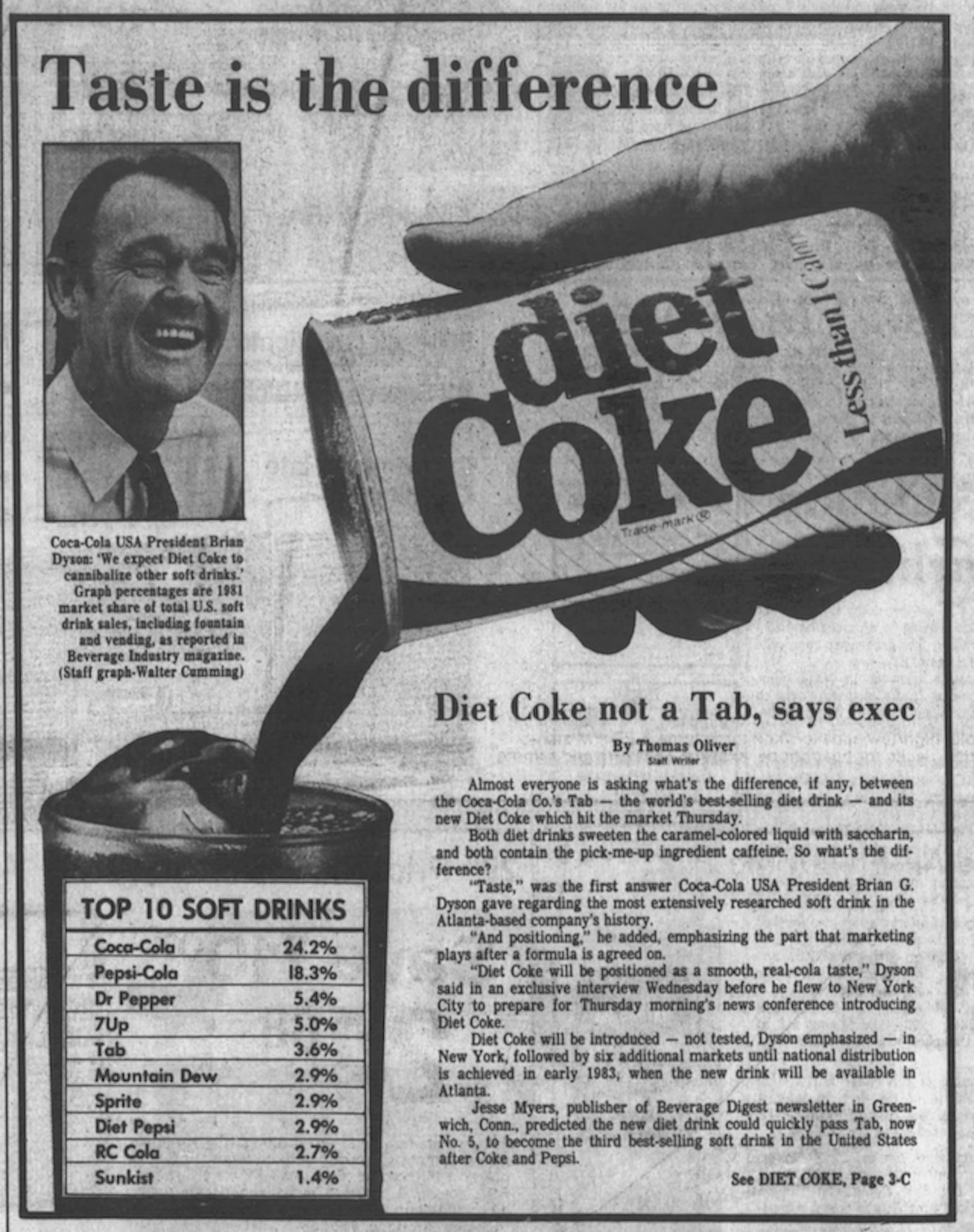 In a 1982 article in The Atlanta Constitution, Dyson said: “We expect Diet Coke to cannibalize other soft drinks” when the product launched amid the popularity of Tab. As he predicted, Diet Coke would quickly dominate the diet-soda category. (AJC archive)